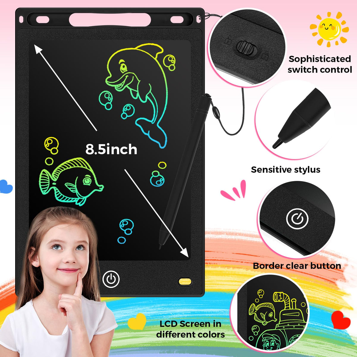 Zonon 4 Pcs LCD Writing Tablet – 8.5-Inch Doodle Board, Reusable Colorful Screen, Erasable