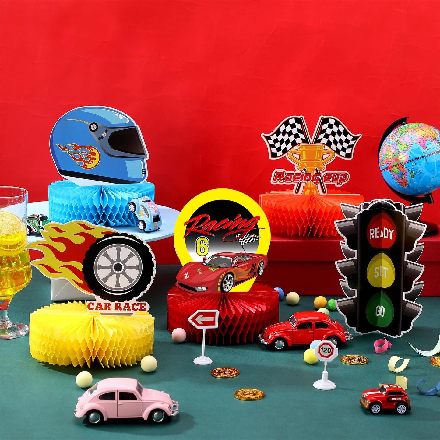 Zonon 9-Piece Race Car Party Decorations | Honeycomb Centerpieces & Let's Go Racing Theme