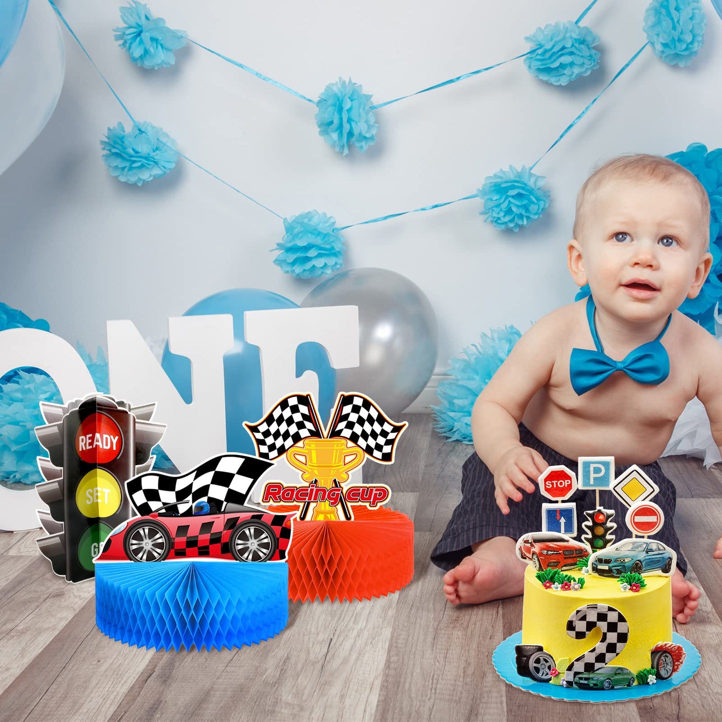Zonon 9-Piece Race Car Party Decorations | Honeycomb Centerpieces & Let's Go Racing Theme