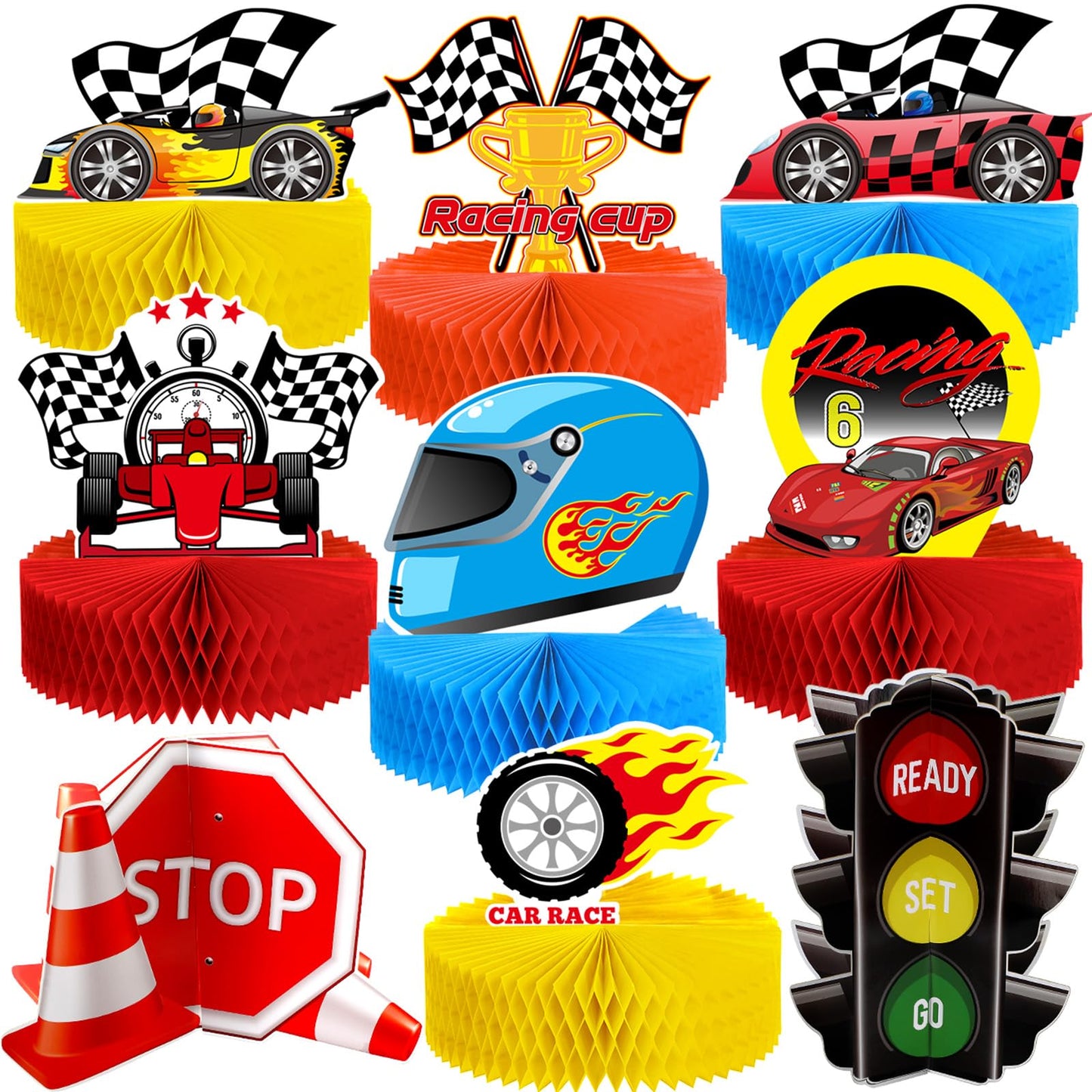 Zonon 9-Piece Race Car Party Decorations | Honeycomb Centerpieces & Let's Go Racing Theme