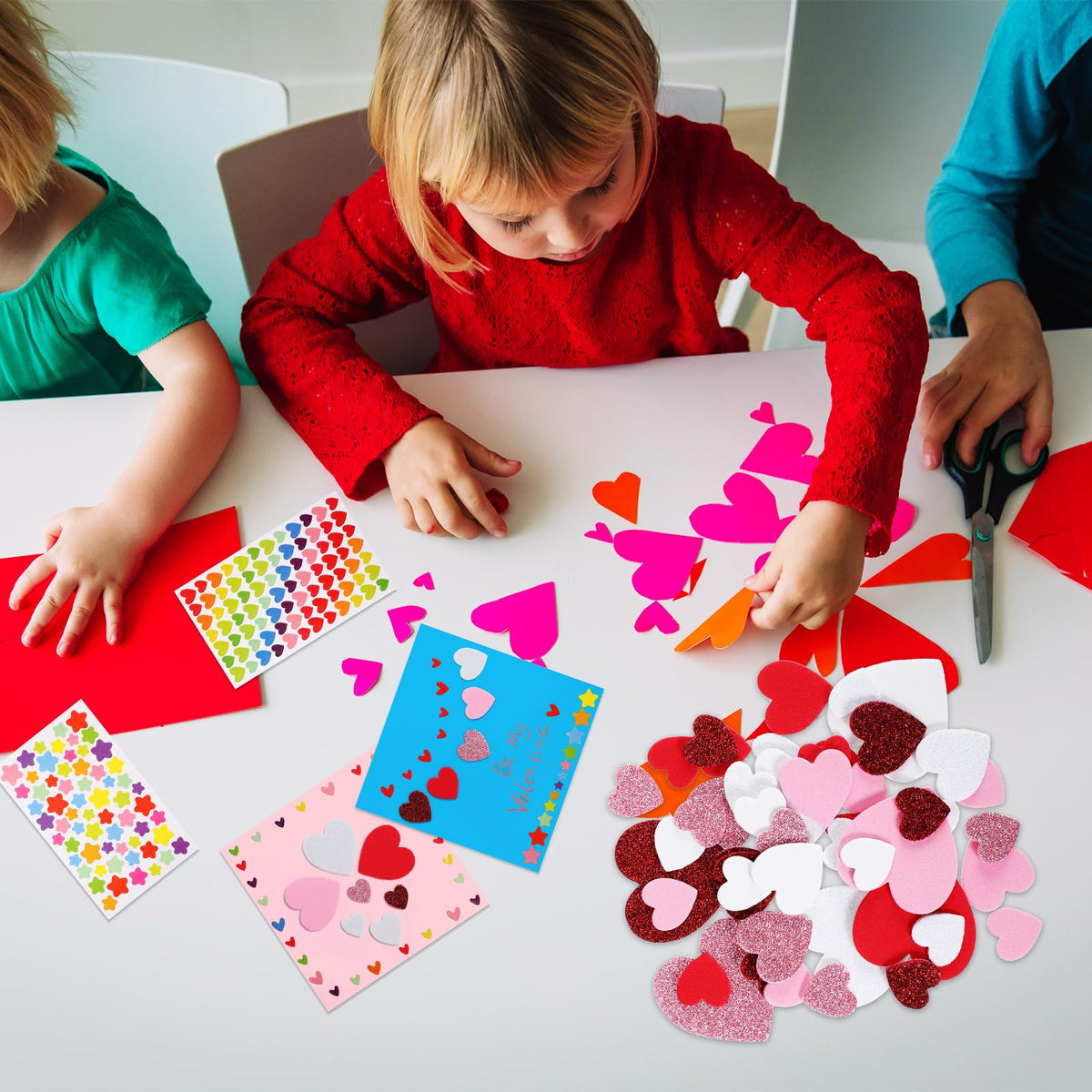 Zonon 16 Pack Valentines DIY Card Kit – Foam Hearts, Envelopes & Star Stickers (Colorful)