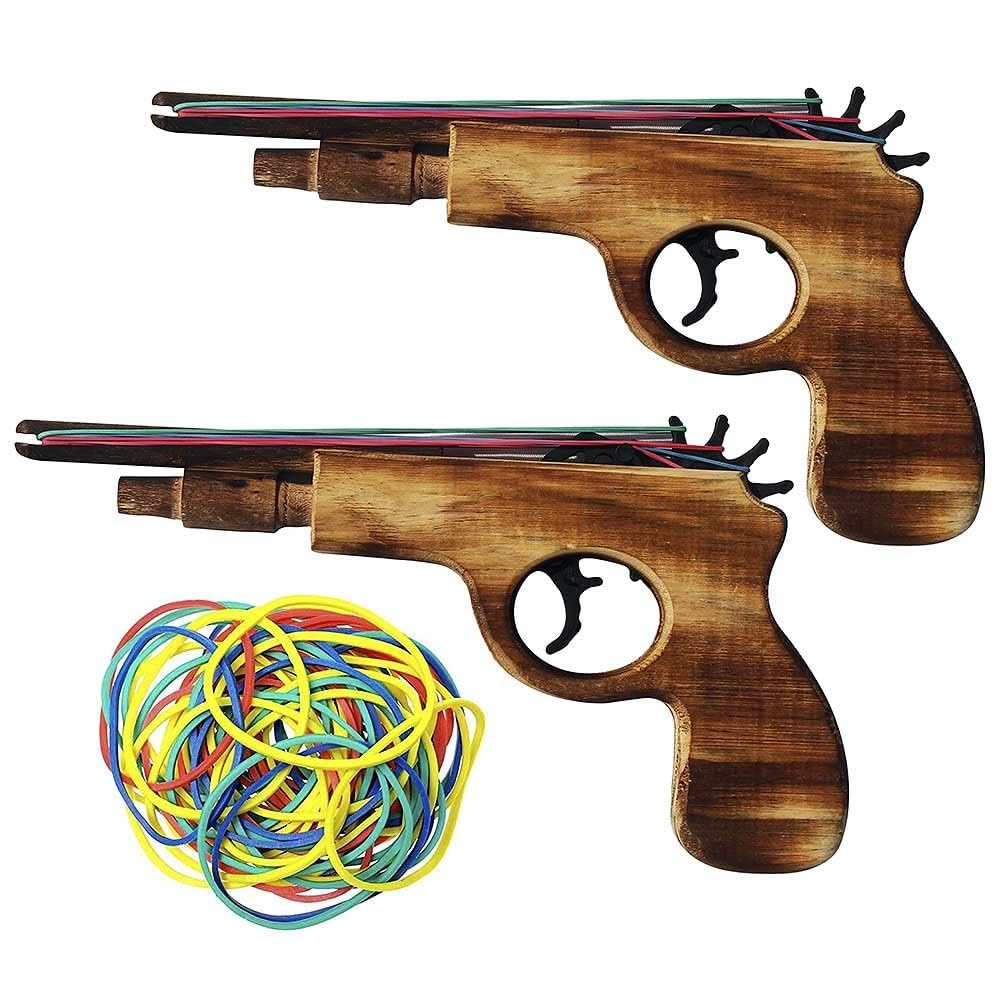 zonzxcv 2 Pcs Wooden Rubber Band Gun Toy Set – 9in Log Color, 100 Bands