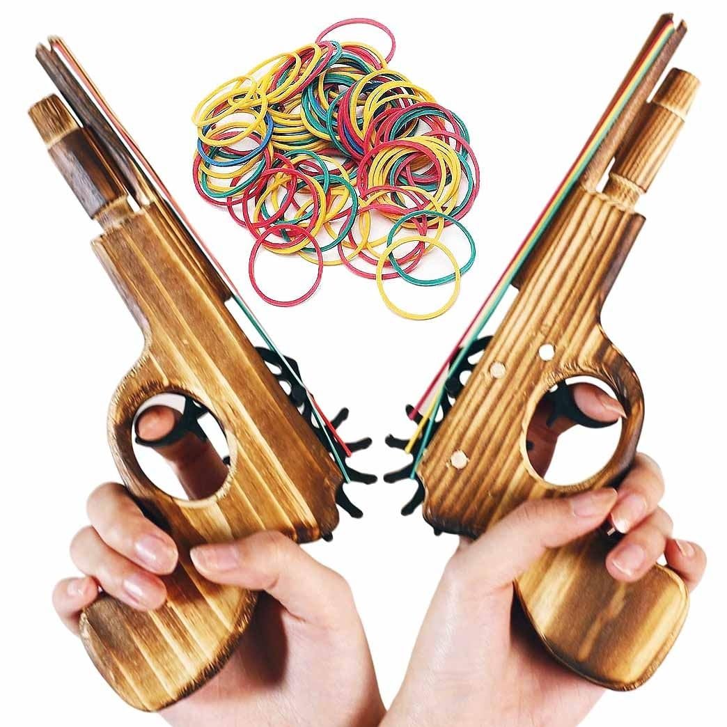 zonzxcv 2 Pcs Wooden Rubber Band Gun Toy Set – 9in Log Color, 100 Bands