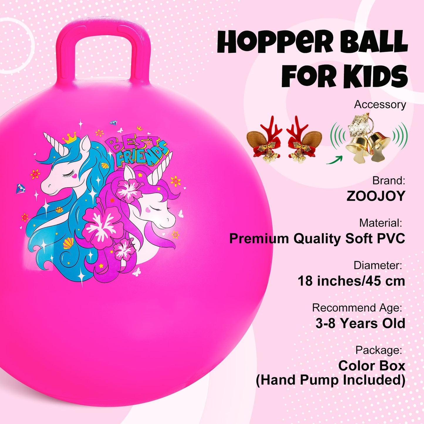 ZOOJOY Hopper Ball Unicorn Pink — 18 Inch Kids Jumping Toy with Handle (Ages 3–8)