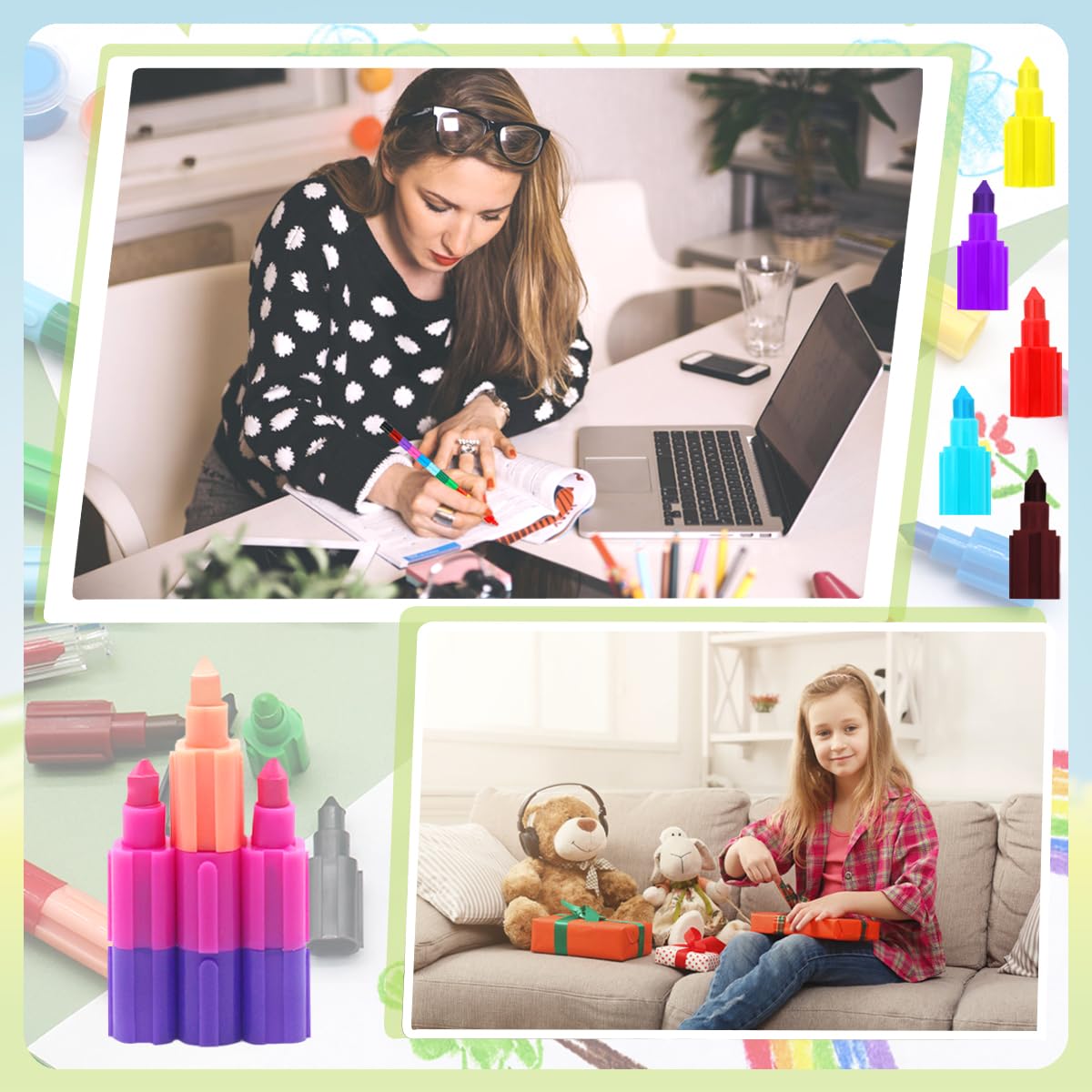 Zooyinfy 15 Pcs Stacking Crayons — 12-Color Buildable Rainbow Crayons Set for School, Party & DIY