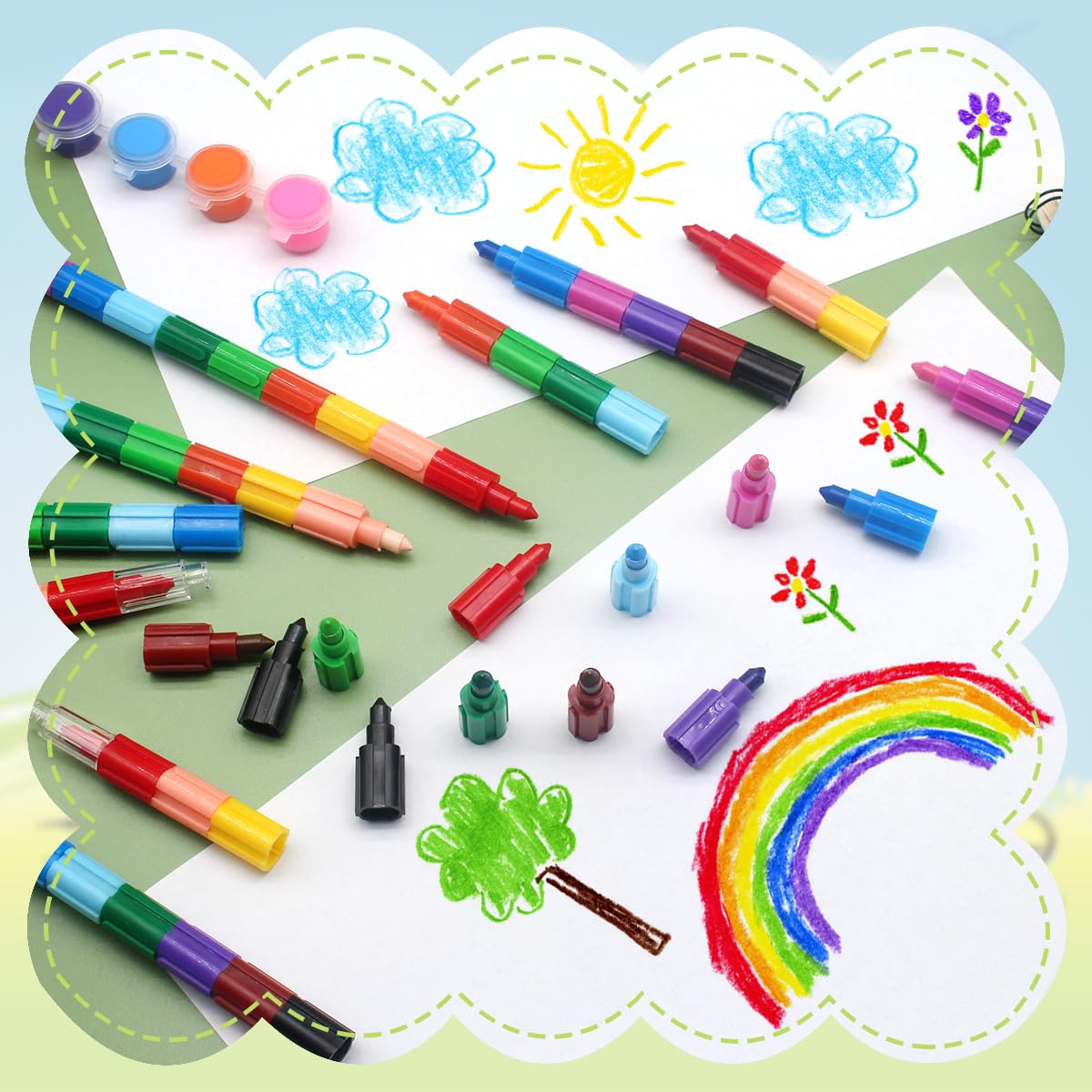 Zooyinfy 15 Pcs Stacking Crayons — 12-Color Buildable Rainbow Crayons Set for School, Party & DIY