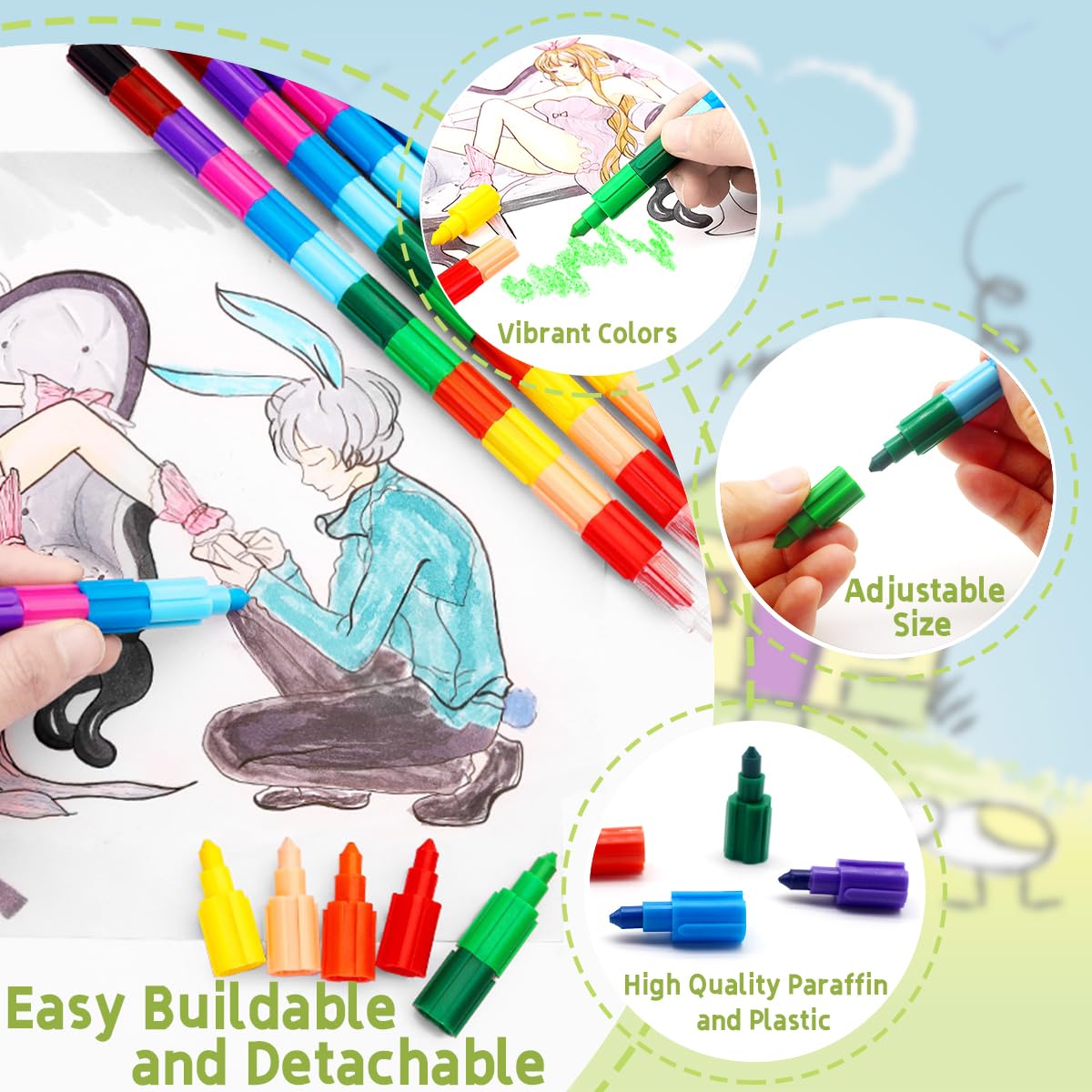 Zooyinfy 15 Pcs Stacking Crayons — 12-Color Buildable Rainbow Crayons Set for School, Party & DIY