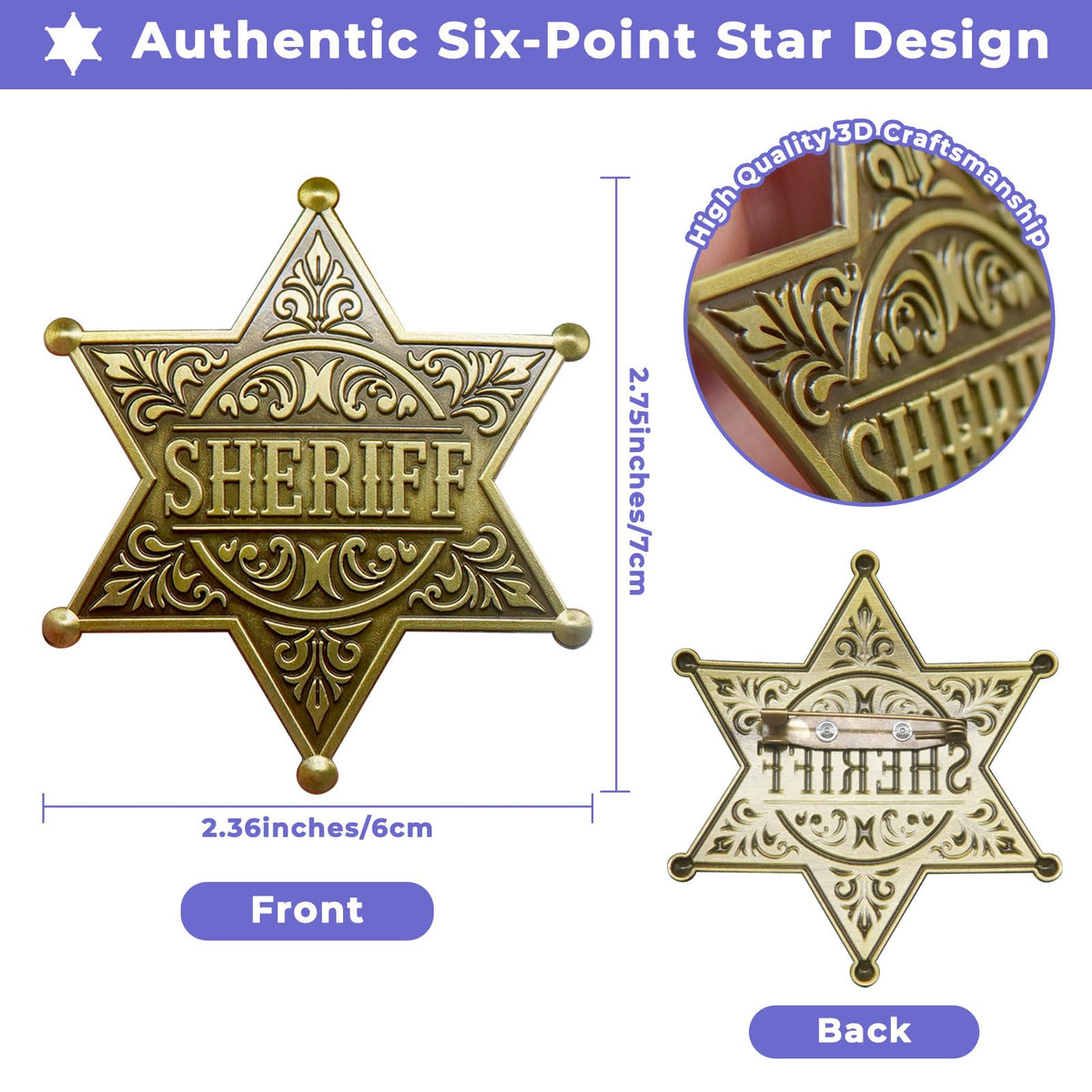 Zorleniva 2-Pack Sheriff & Deputy Badges - Metal Brooch Pins for Adults & Kids