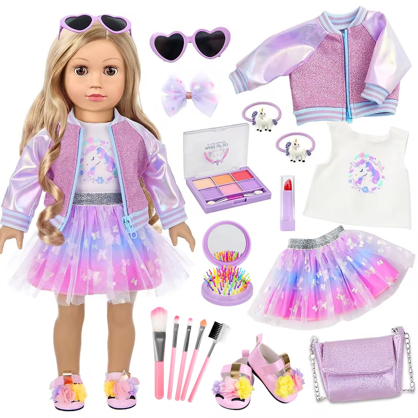 ZQDOLL American 18-Inch Doll Makeup Accessories & Clothes Set | Clothes, Shoes, Hair & Makeup Kit