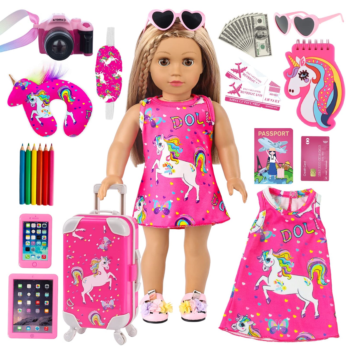 ZQDOLL American 18-Inch Doll Travel Set – 29-Piece Luggage Play Kit with Suitcase, Pillow & Accessories