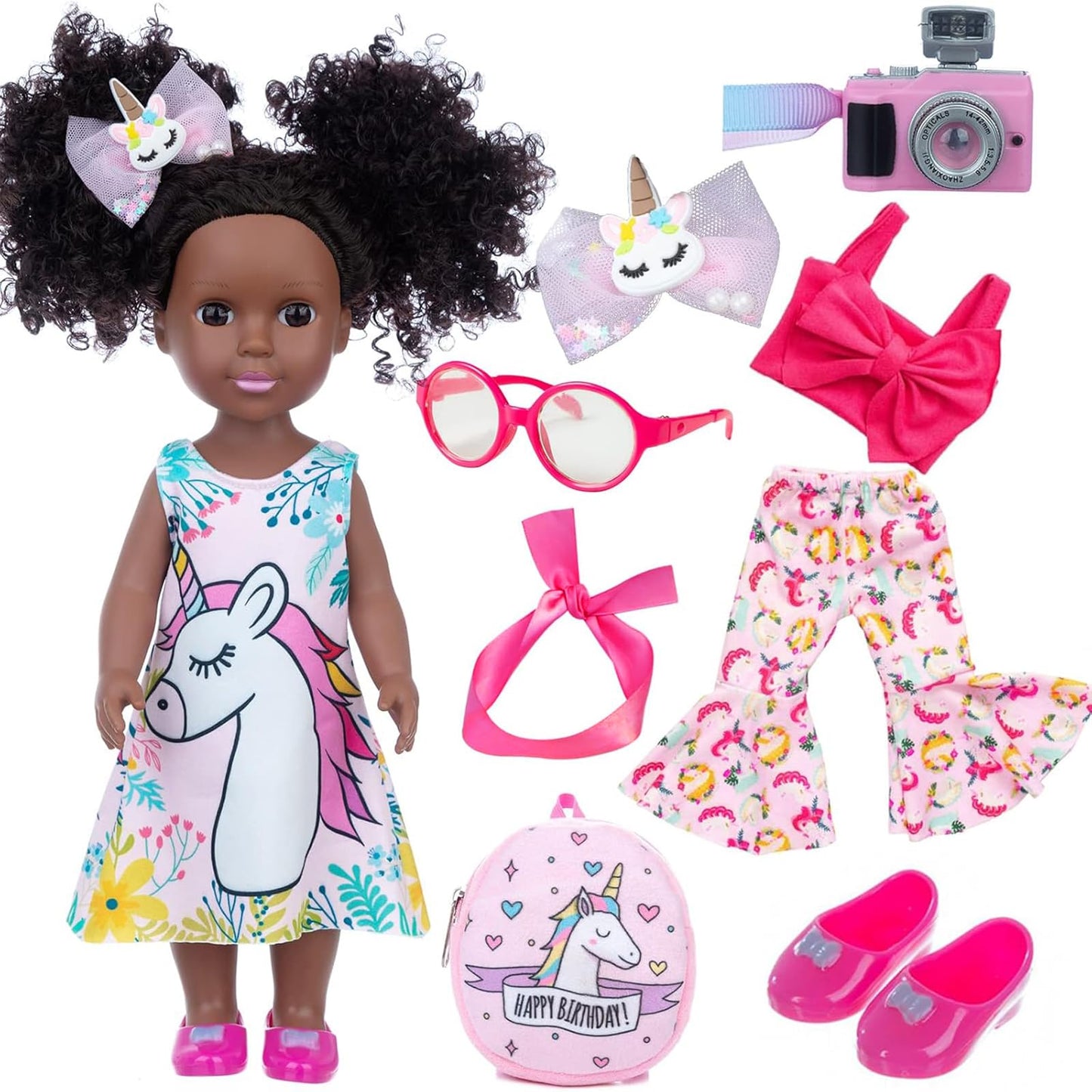 ZQDOLL 14.5-inch Black Doll with 2 Outfits & Travel Accessories