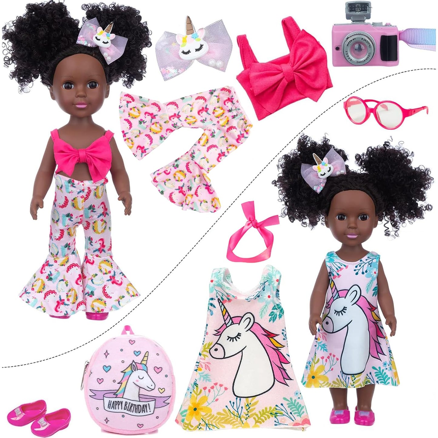ZQDOLL 14.5-inch Black Doll with 2 Outfits & Travel Accessories