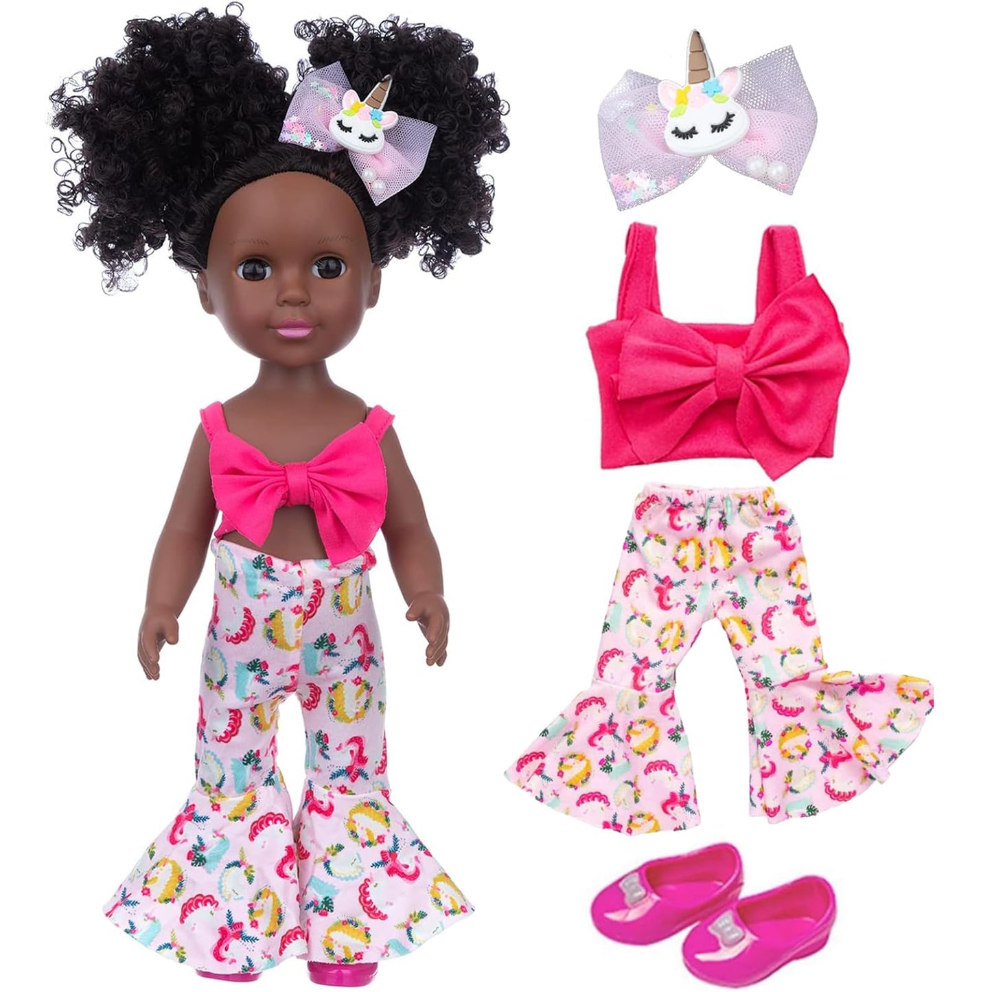 ZQDOLL 14.5-inch Black Doll with 2 Outfits & Travel Accessories