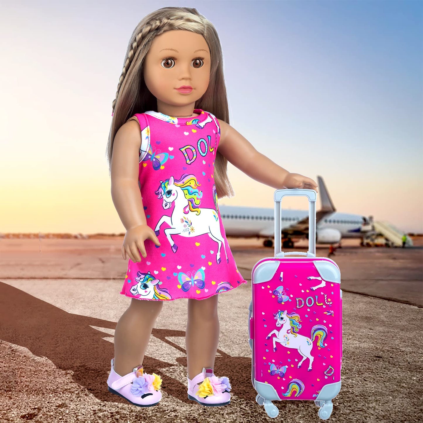 ZQDOLL American 18-Inch Doll Travel Set – 29-Piece Luggage Play Kit with Suitcase, Pillow & Accessories