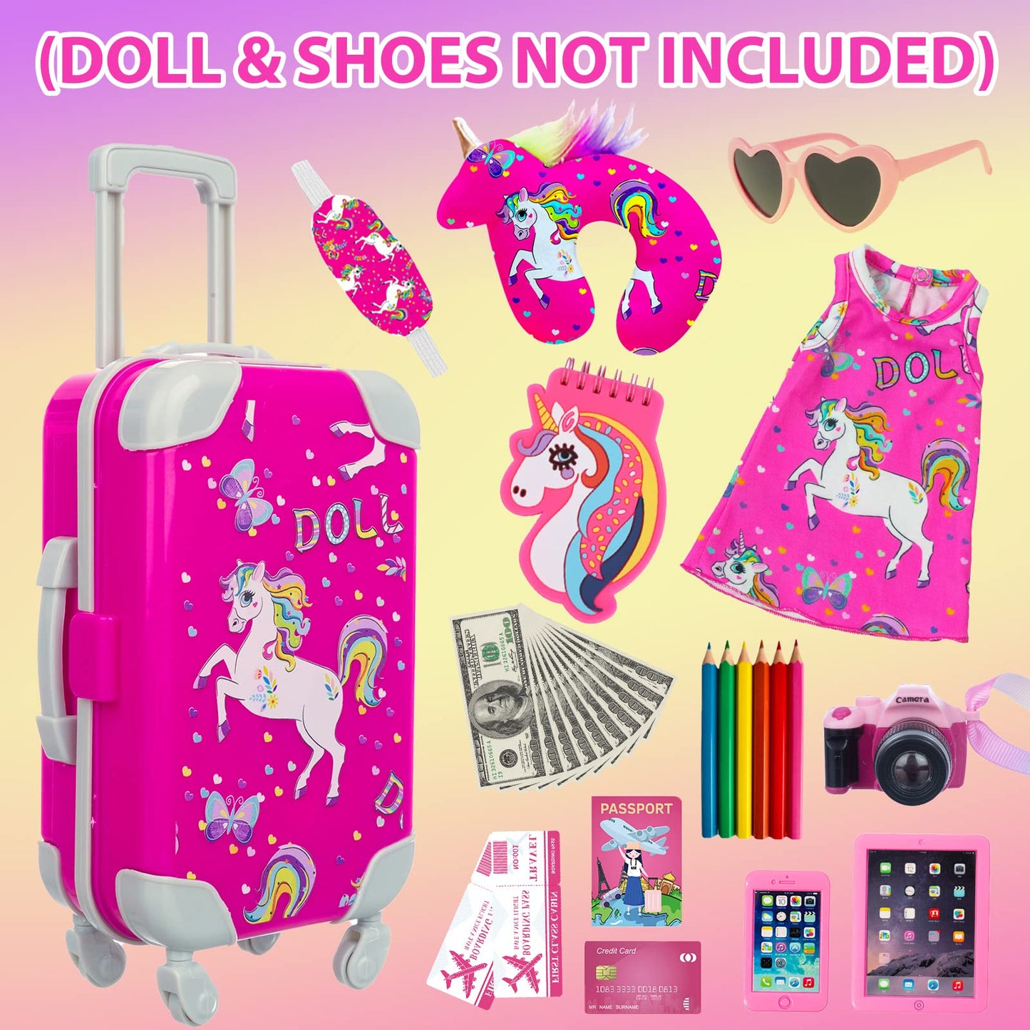 ZQDOLL American 18-Inch Doll Travel Set – 29-Piece Luggage Play Kit with Suitcase, Pillow & Accessories