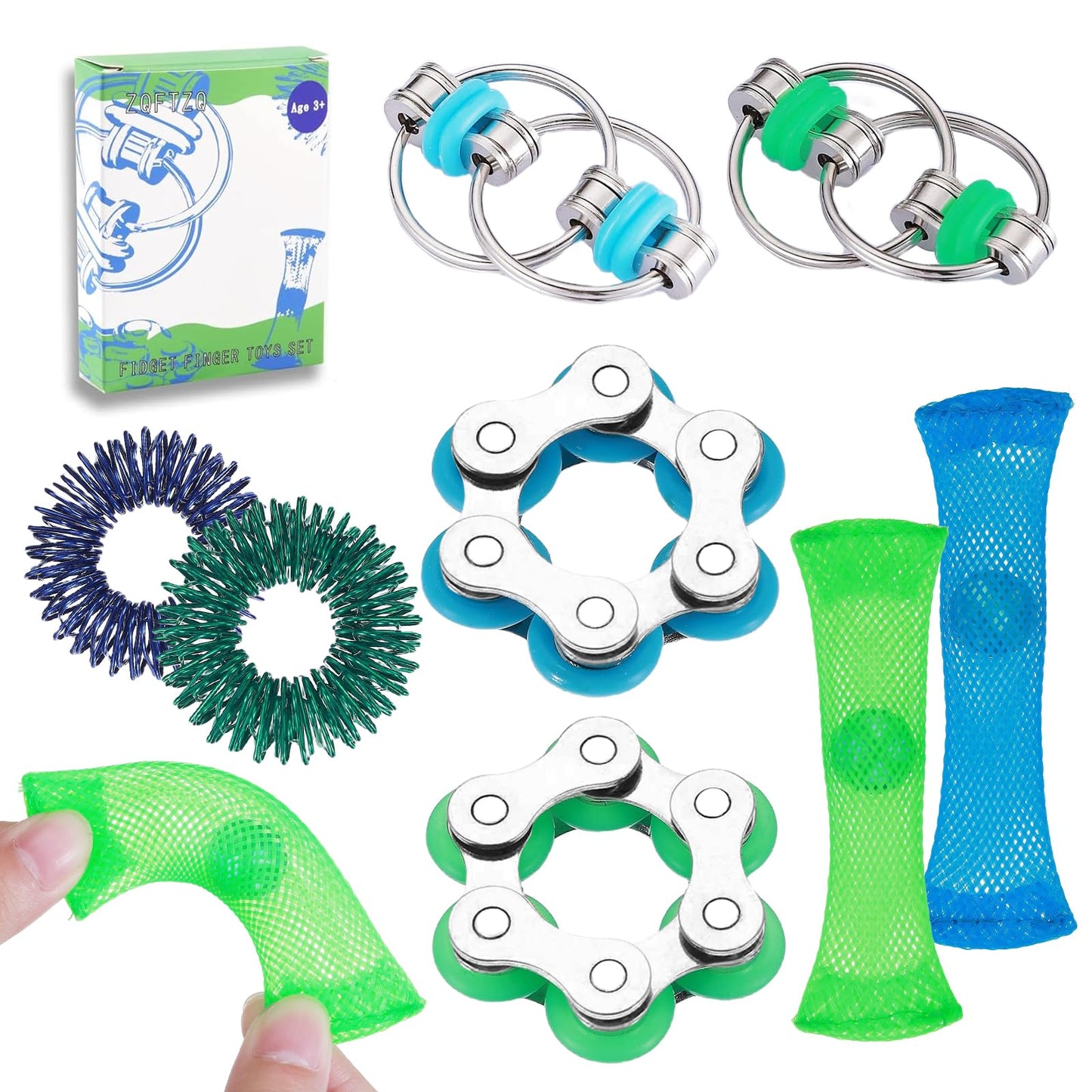 ZQFTZQ 8 Pcs Hand Fidget Toys for Adults & Teens – Silent Desk Fidgets, Bike Chain & Marble Mesh, Spiky Rings
