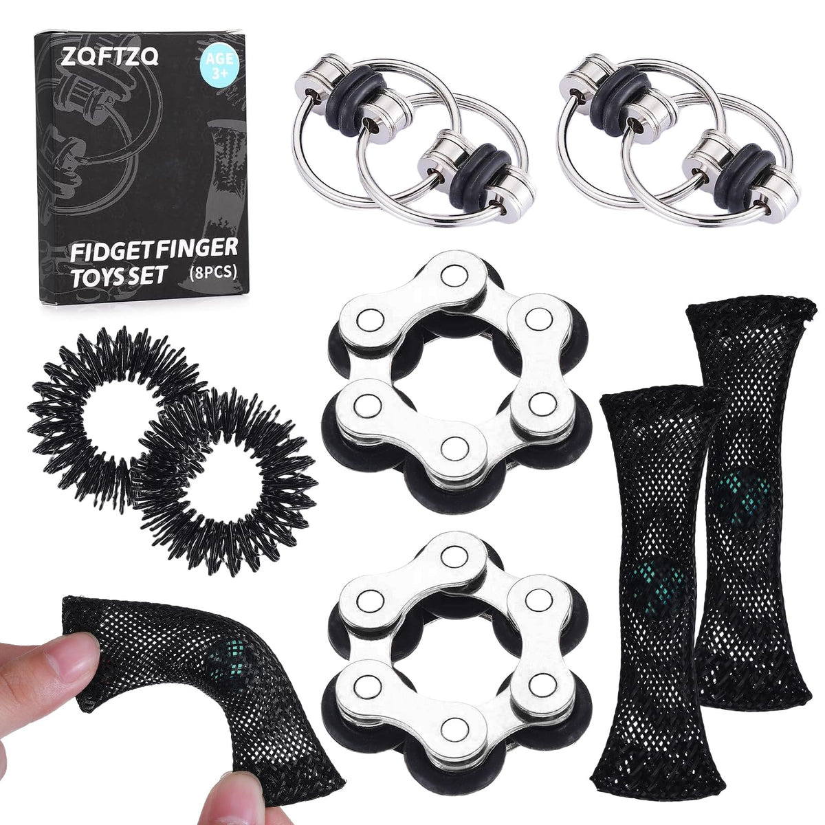 ZQFTZQ 8-Piece Sensory Fidget Toy Set — Acupressure Rings, Flippy Chain, Mesh Marble & Bike Chain
