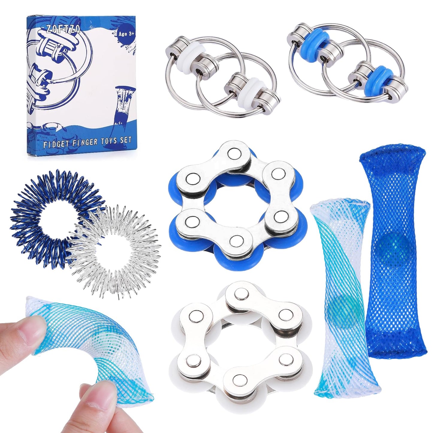 ZQFTZQ 8 Pcs Sensory Fidget Toys Pack – Flippy Roller Chains, Marble Mesh, Bike Chain, Spiky Rings