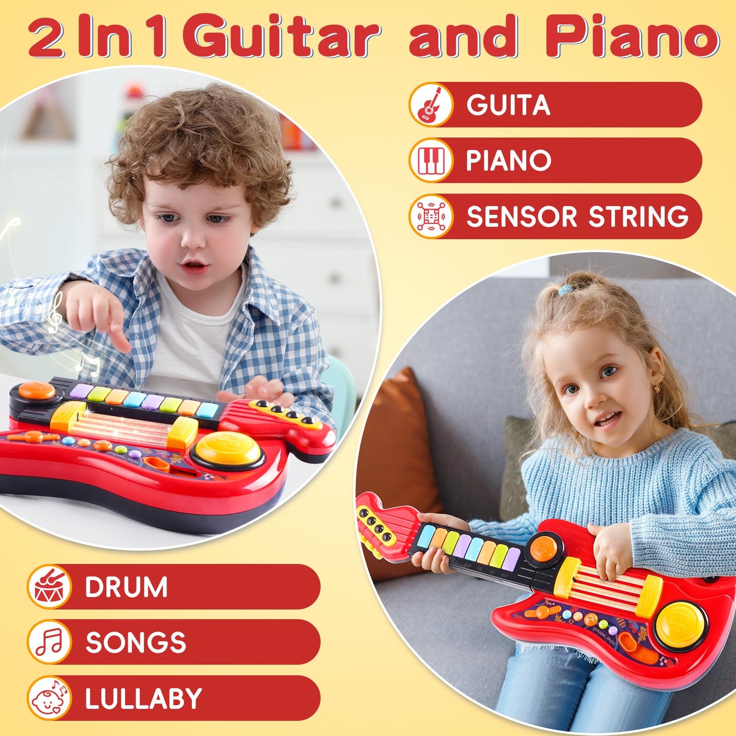 Zsinb Kids Guitar-Piano 2-in-1 for 3-5 Year Olds | Adjustable Educational Toy