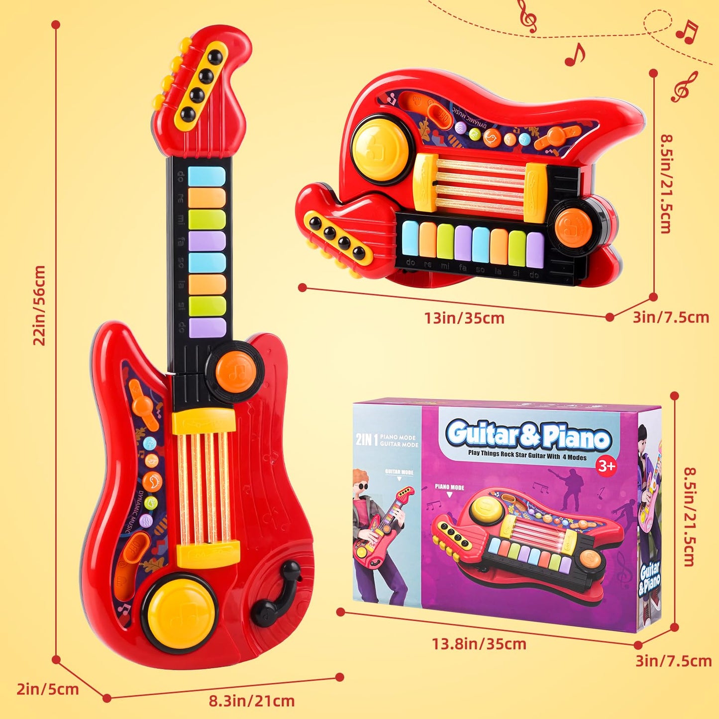 Zsinb Kids Guitar-Piano 2-in-1 for 3-5 Year Olds | Adjustable Educational Toy