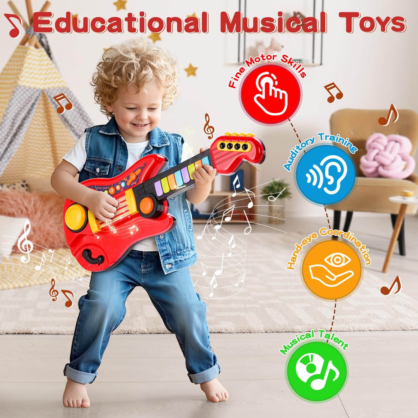 Zsinb Kids Guitar-Piano 2-in-1 for 3-5 Year Olds | Adjustable Educational Toy
