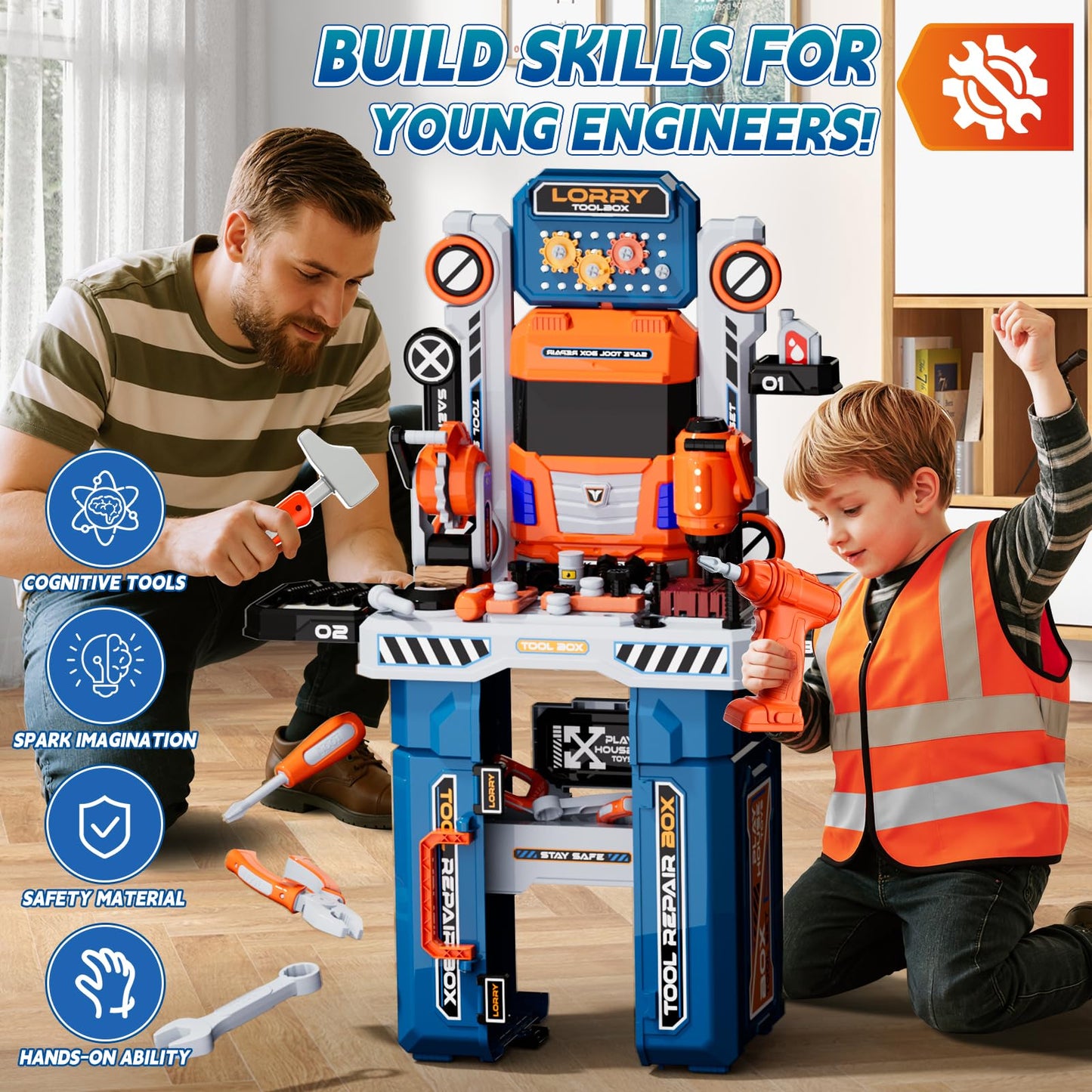 Zsinb Kids Tool Bench Set with Electric Drill & Work Clothes – 68 PCS STEM Pretend Play Toy