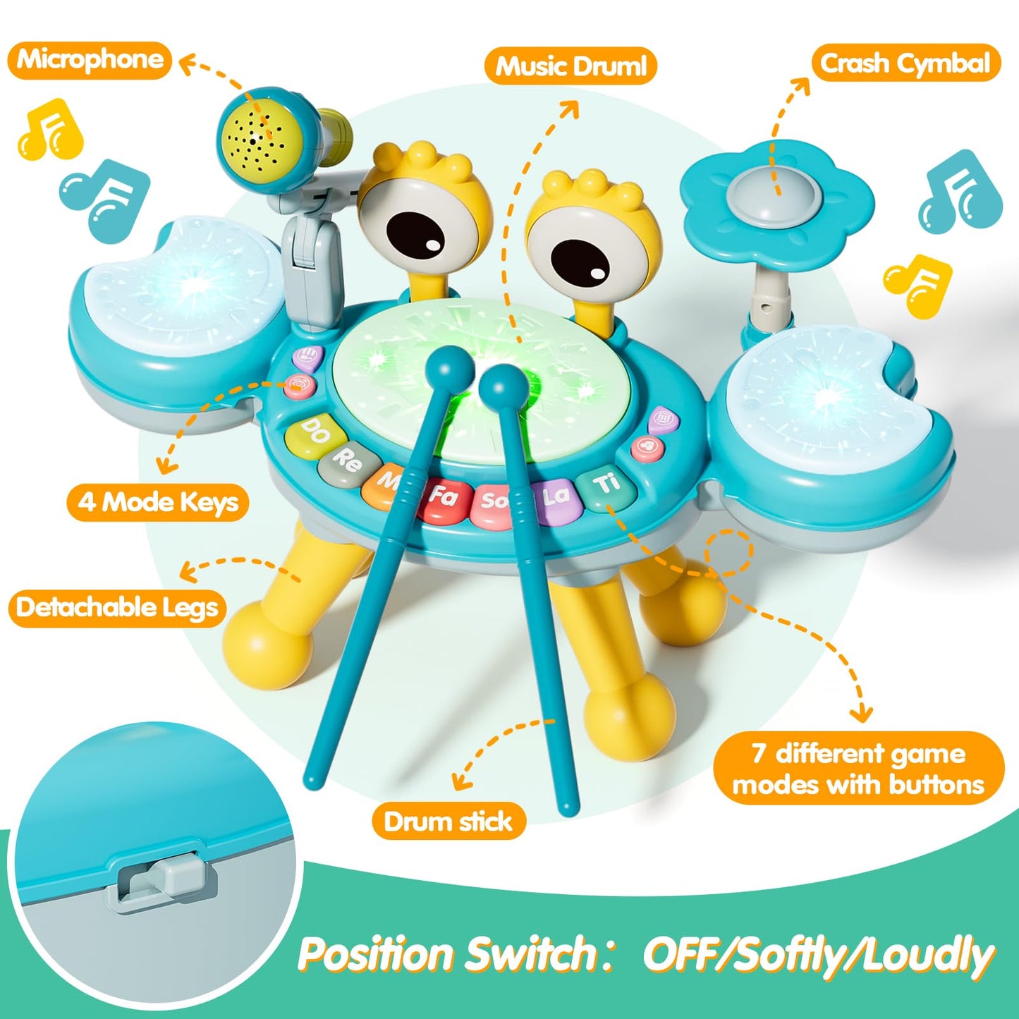 Zsinb Toddler Drum Set (Blue) – Light-Up Microphone & Montessori Toy for 1-3