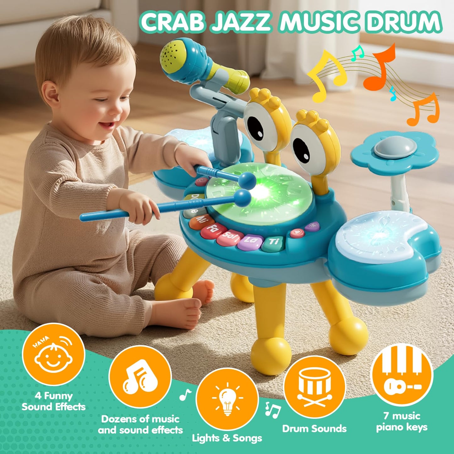 Zsinb Toddler Drum Set (Blue) – Light-Up Microphone & Montessori Toy for 1-3