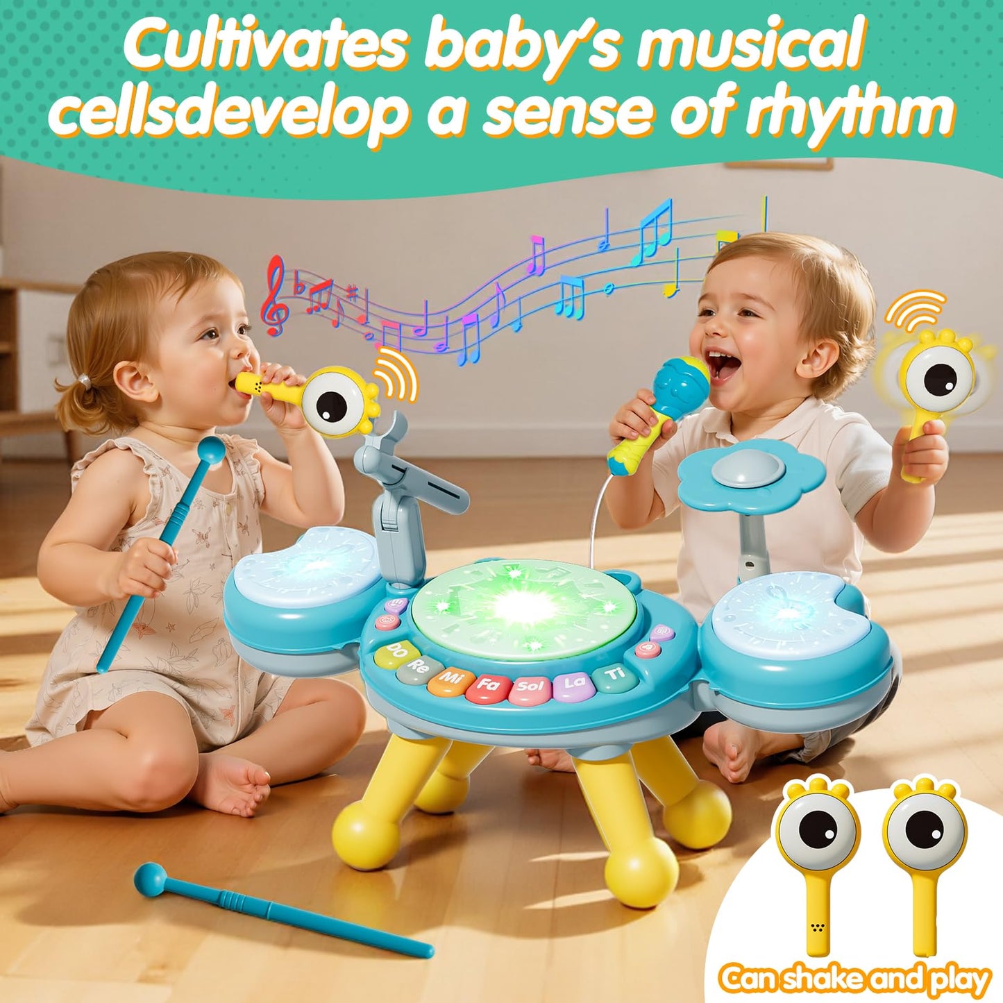 Zsinb Toddler Drum Set (Blue) – Light-Up Microphone & Montessori Toy for 1-3