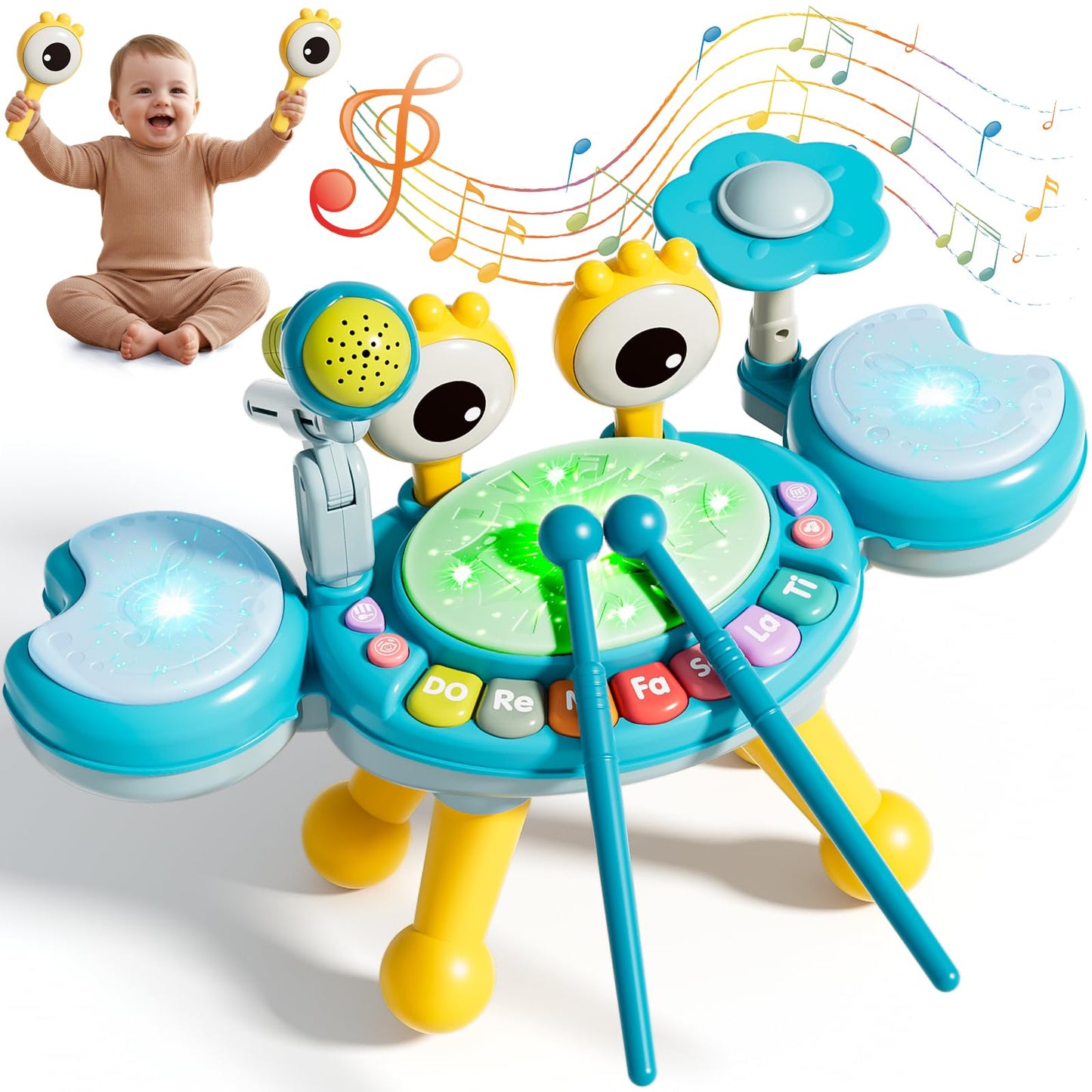 Zsinb Toddler Drum Set (Blue) – Light-Up Microphone & Montessori Toy for 1-3