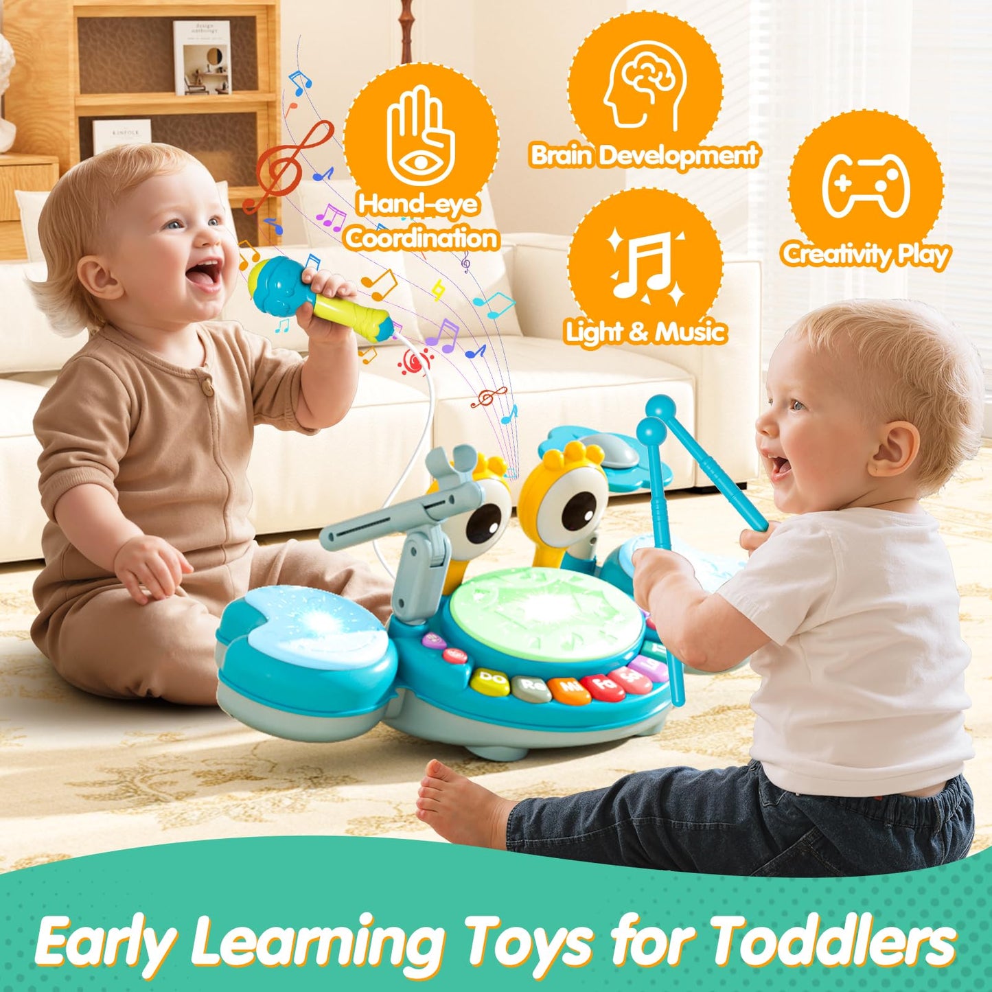 Zsinb Toddler Drum Set (Blue) – Light-Up Microphone & Montessori Toy for 1-3