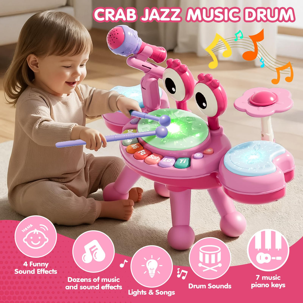 Zsinb Toddler Drum Set (Pink) – Light-Up Microphone, Montessori Music Toy for Ages 1–3