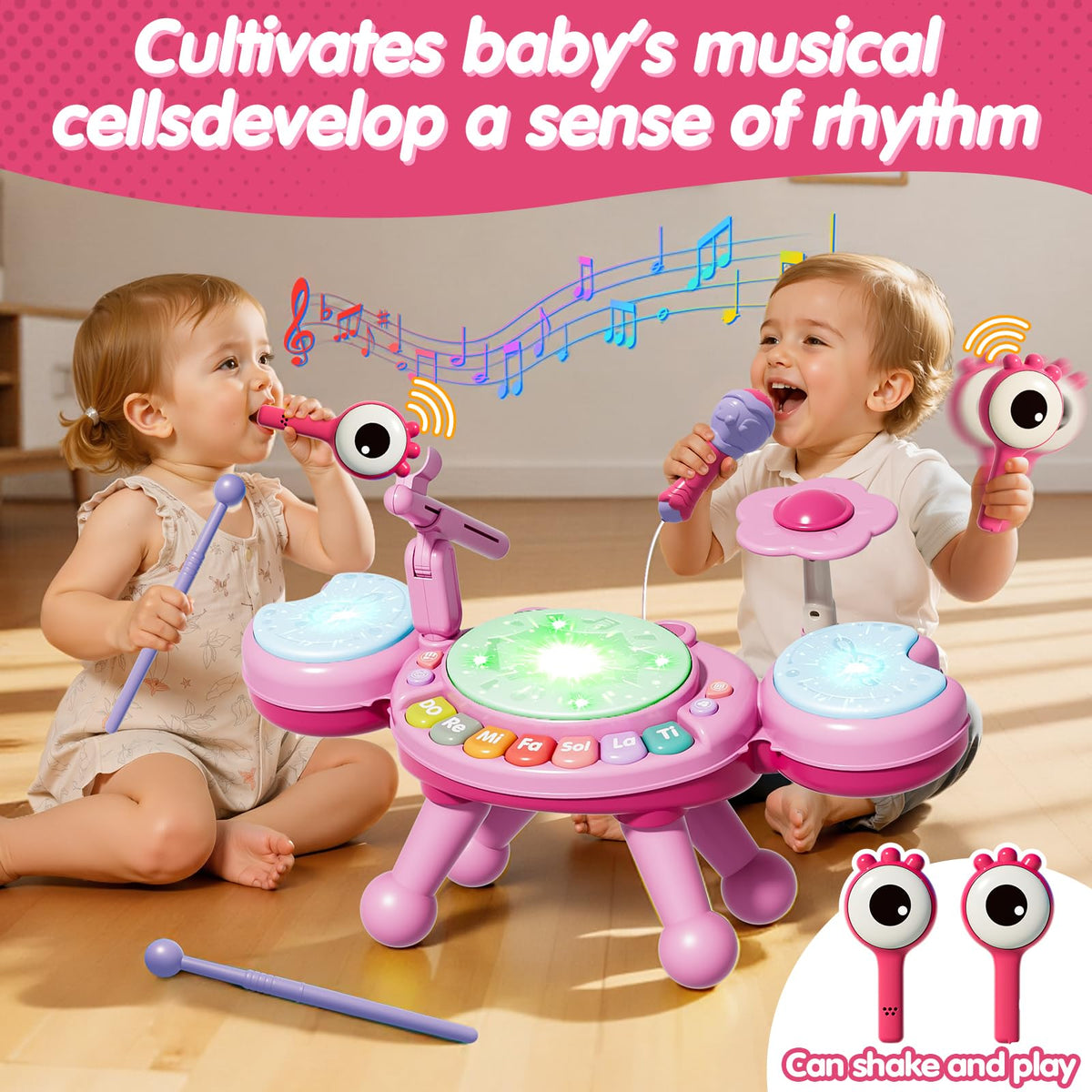 Zsinb Toddler Drum Set (Pink) – Light-Up Microphone, Montessori Music Toy for Ages 1–3