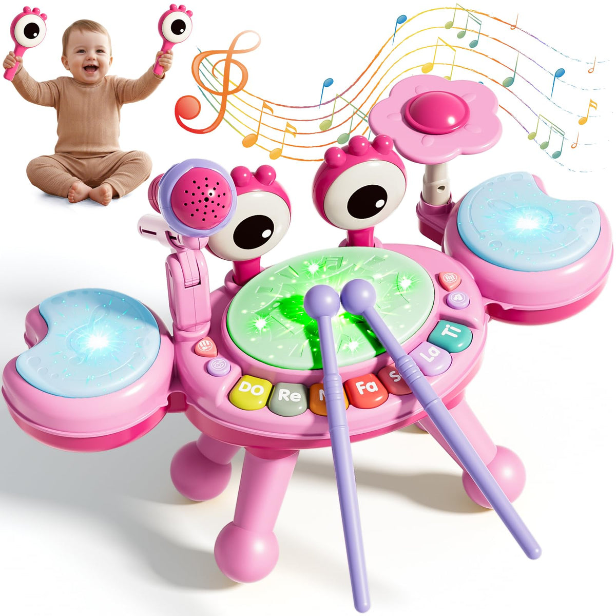Zsinb Toddler Drum Set (Pink) – Light-Up Microphone, Montessori Music Toy for Ages 1–3