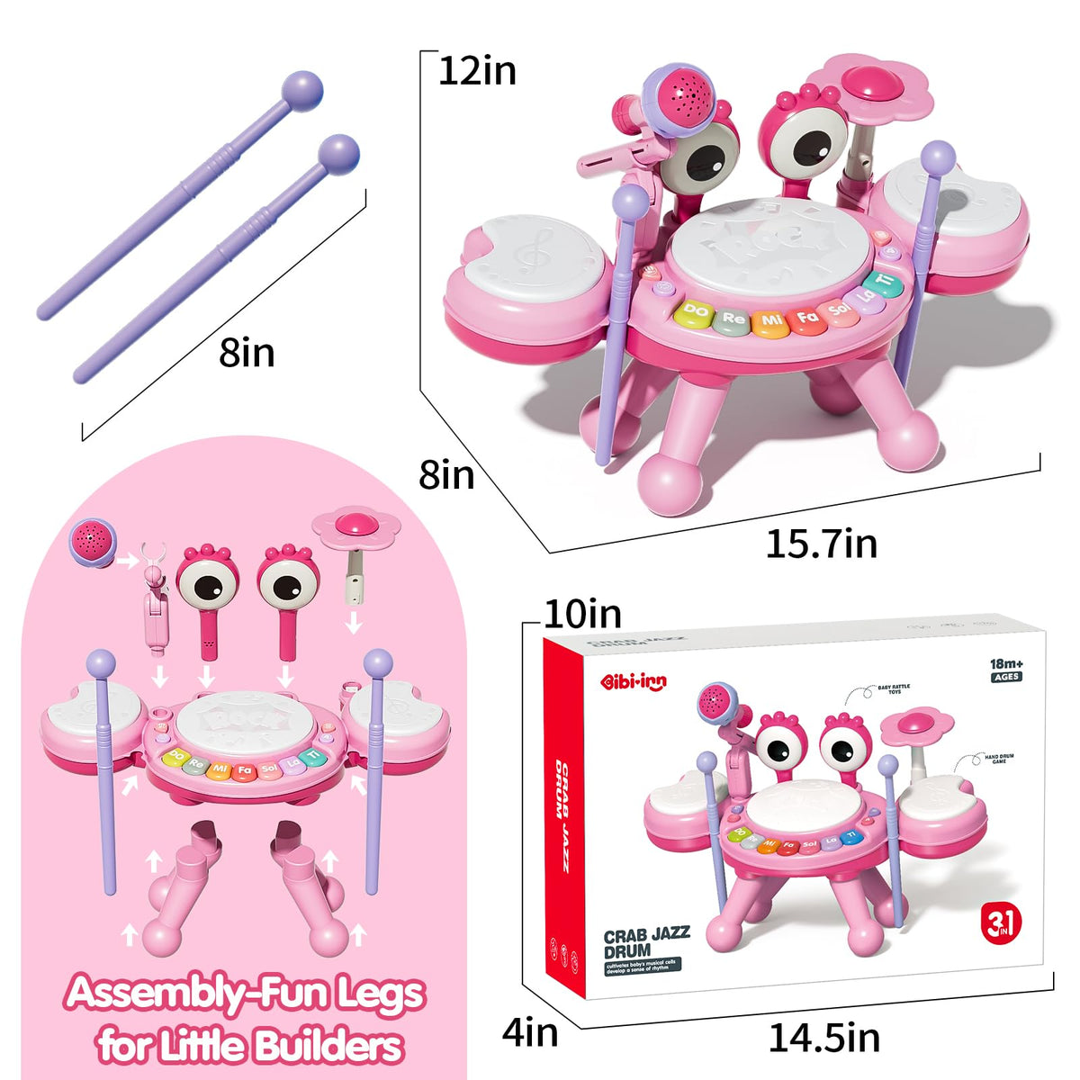 Zsinb Toddler Drum Set (Pink) – Light-Up Microphone, Montessori Music Toy for Ages 1–3