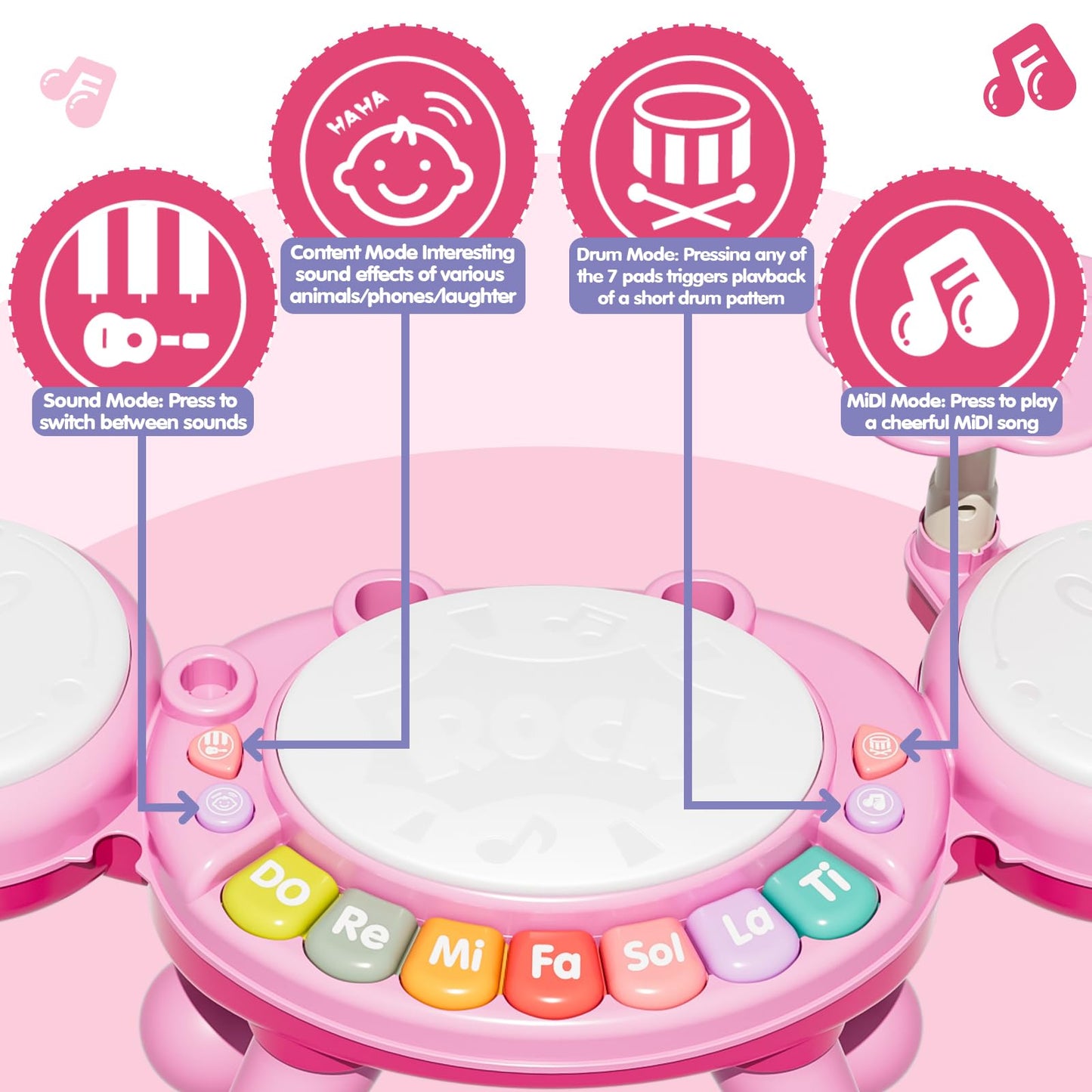 Zsinb Toddler Drum Set (Pink) – Light-Up Microphone, Montessori Music Toy for Ages 1–3