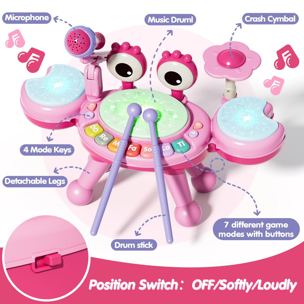 Zsinb Toddler Drum Set (Pink) – Light-Up Microphone, Montessori Music Toy for Ages 1–3