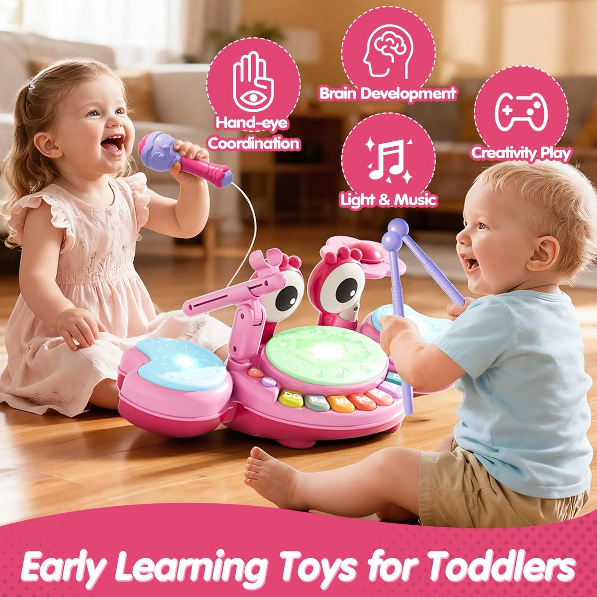 Zsinb Toddler Drum Set (Pink) – Light-Up Microphone, Montessori Music Toy for Ages 1–3