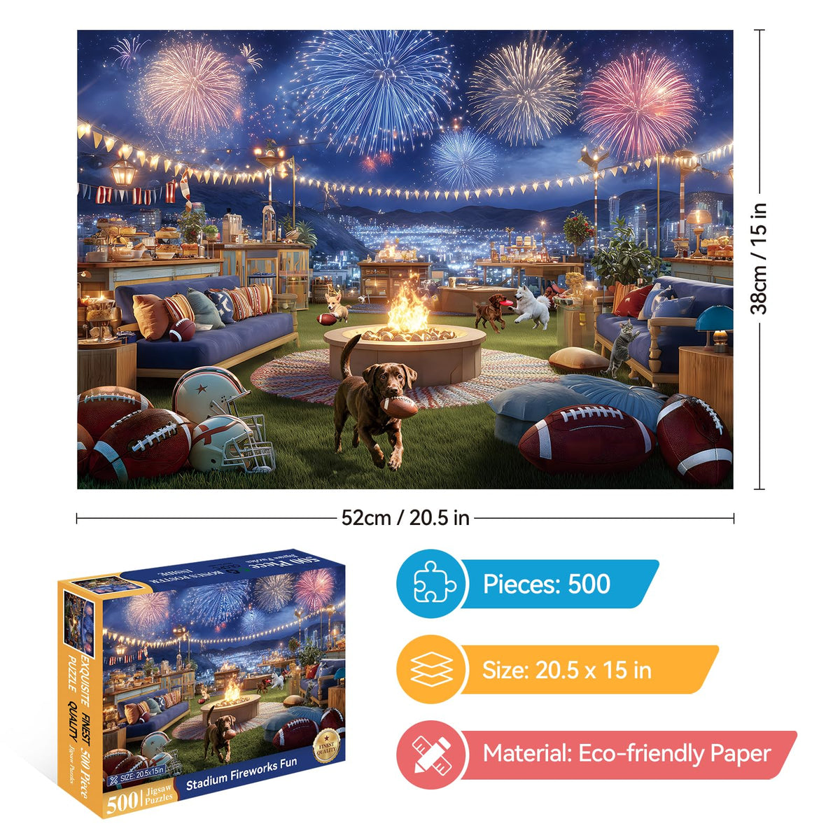 ZSYCZAO 500-Piece Puzzle for Adults – Football Rooftop Party with Fireworks | 20.5 x 15 in
