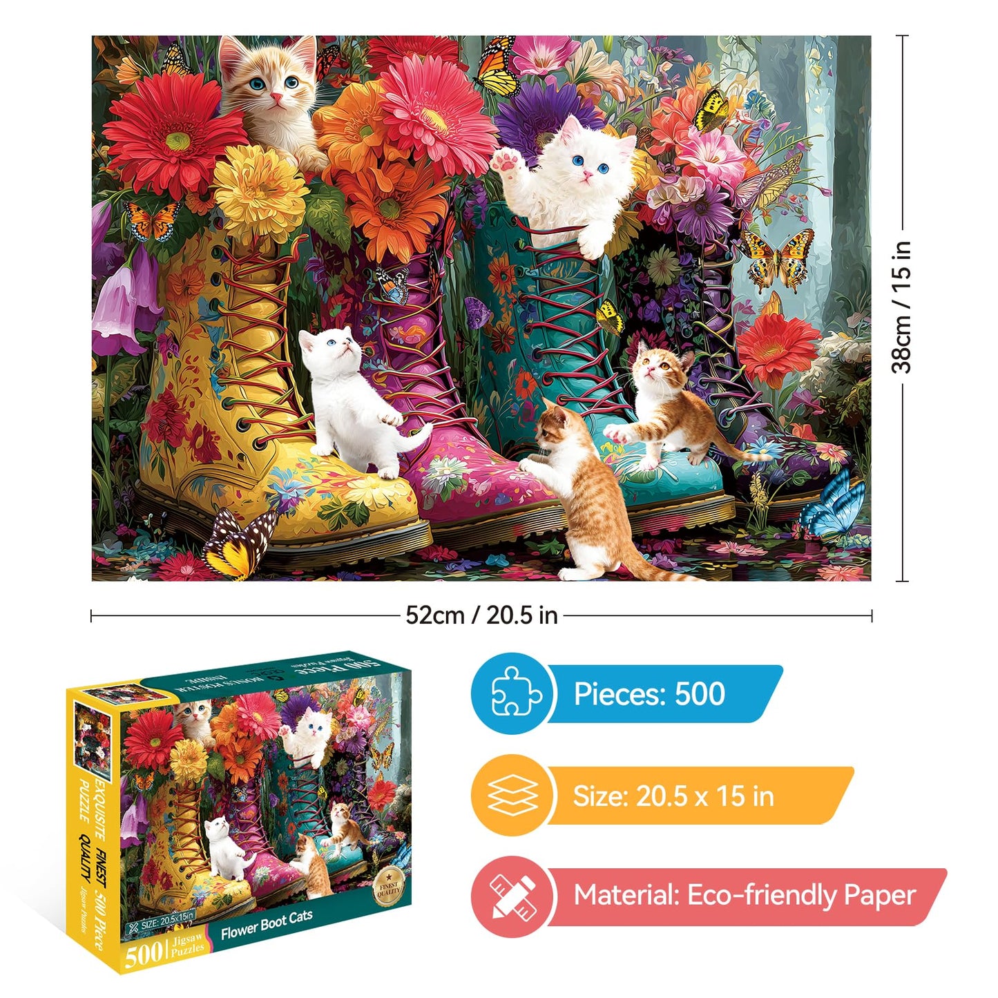 ZSYCZAO 500 Pieces Puzzle for Adults – Martin Boots Cats Flowers 20.5 x 15 in