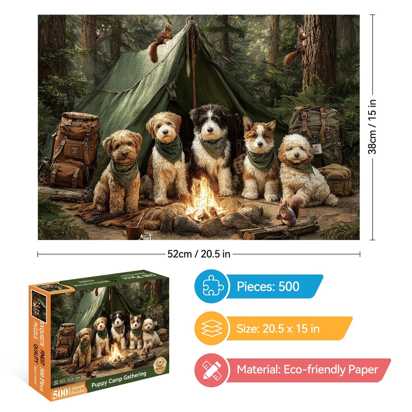 ZSYCZAO 500-Piece Forest Dogs Camping Puzzle for Adults — Challenging Jigsaw for Game Nights (20.5 x 15 in)