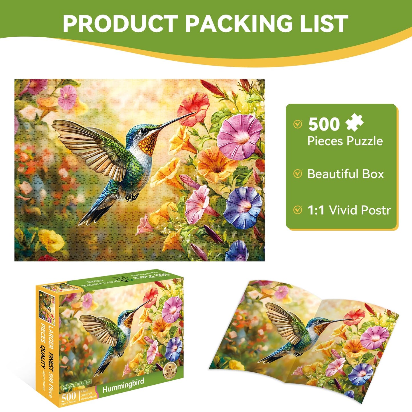 ZSYCZAO 500-Piece Hummingbird Jigsaw Puzzle — Spring & Summer Floral for Adults & Teens | 20.5 x 15 in