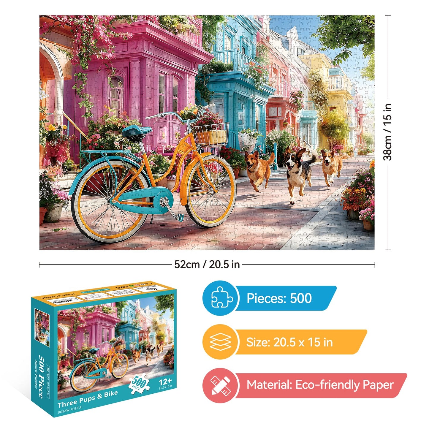 ZSYCZAO 500-Piece Puzzle for Adults – Spring Town Dogs, 20.5 x 15 in