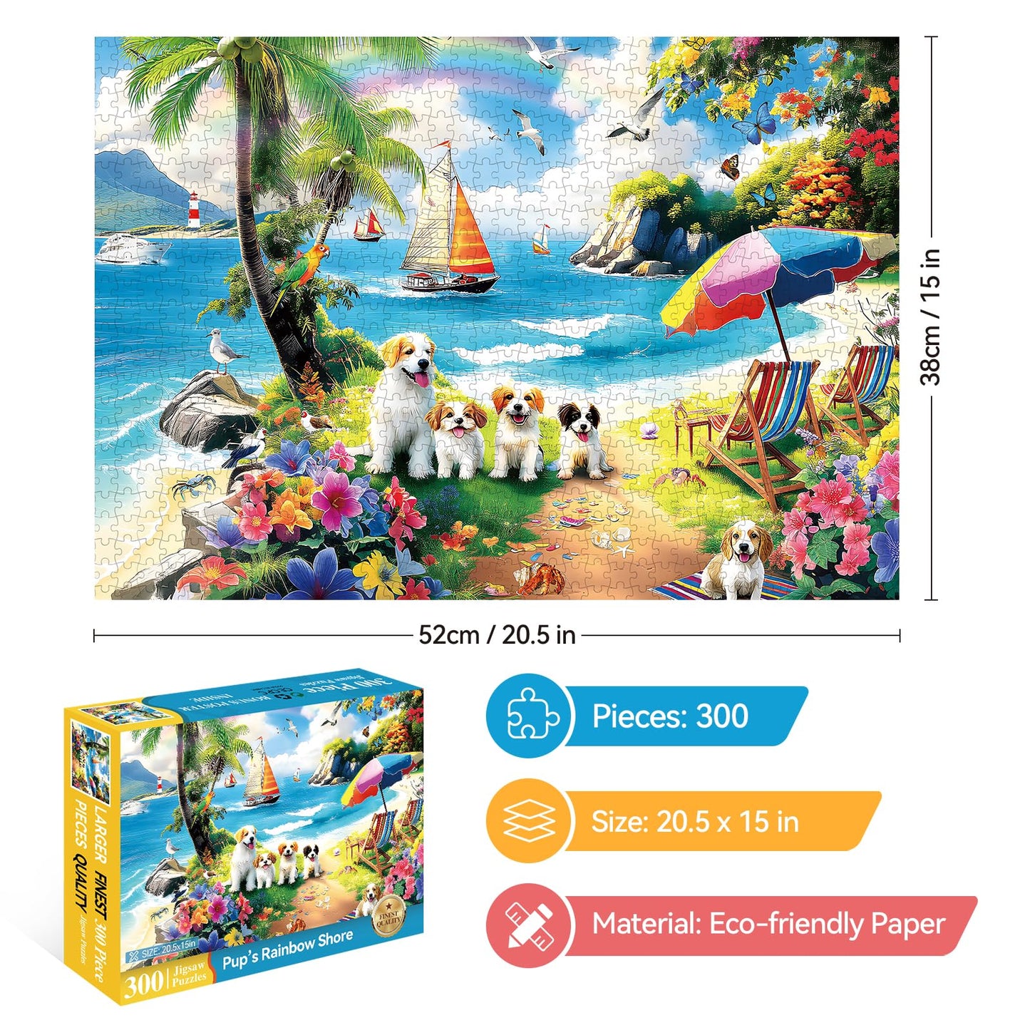 ZSYCZAO 300-Piece Adult Puzzle – Beach Dogs & Flowers (20.5 x 15 in)