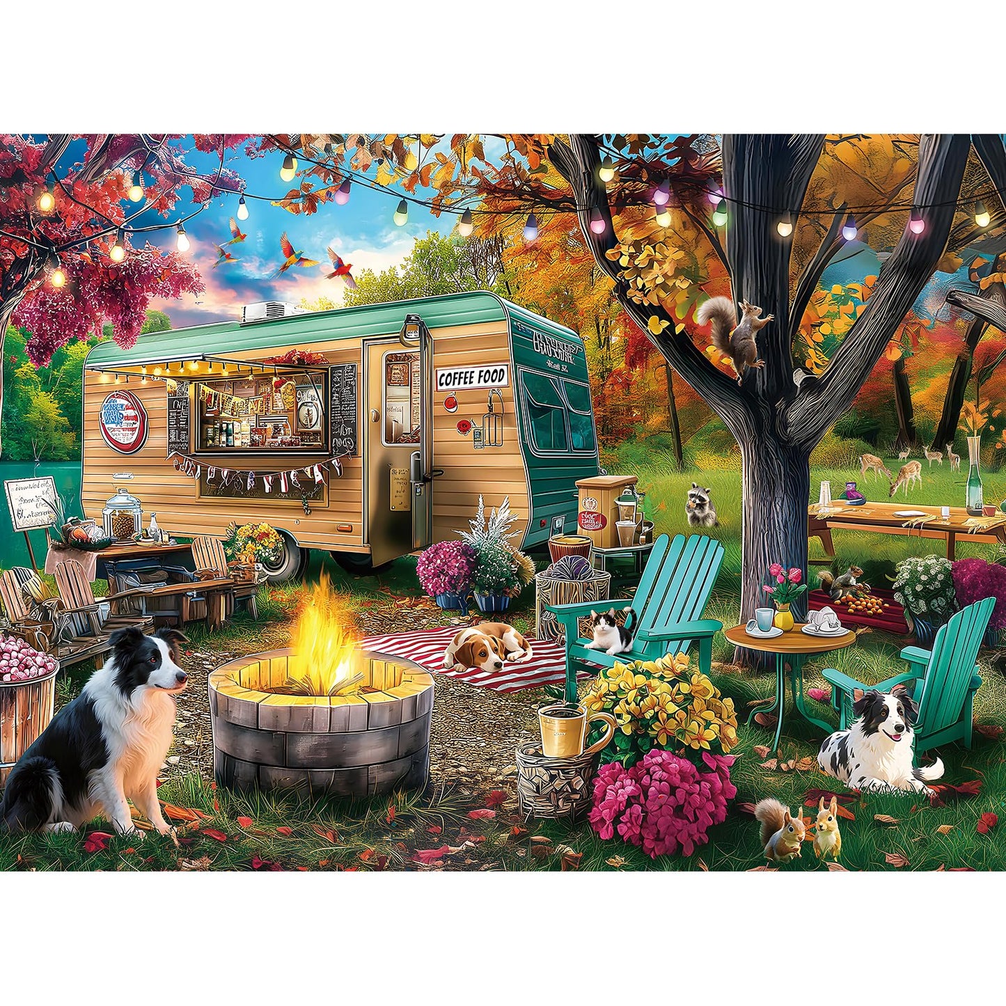 ZSYCZAO 300-Piece Puzzle for Adults – Autumn Camping Campfire Dogs (Large Piece) – 20.5 x 15 in