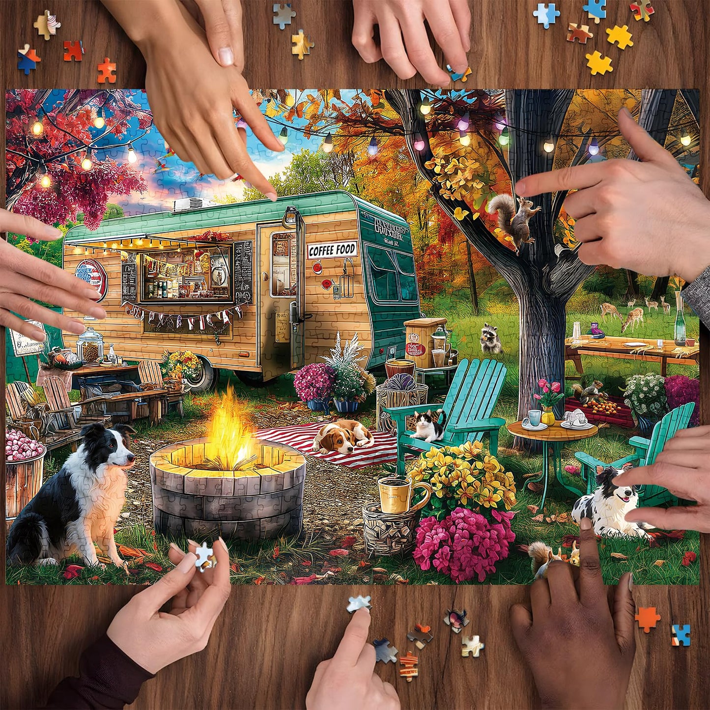 ZSYCZAO 300-Piece Puzzle for Adults – Autumn Camping Campfire Dogs (Large Piece) – 20.5 x 15 in