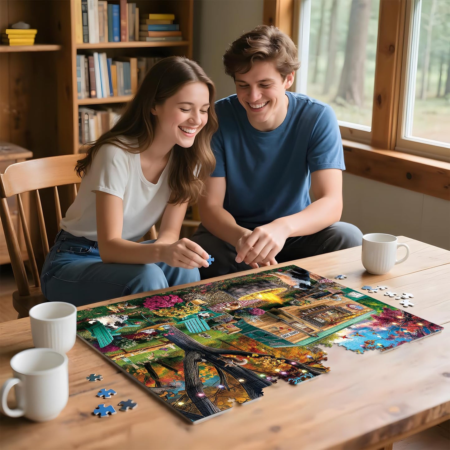 ZSYCZAO 300-Piece Puzzle for Adults – Autumn Camping Campfire Dogs (Large Piece) – 20.5 x 15 in