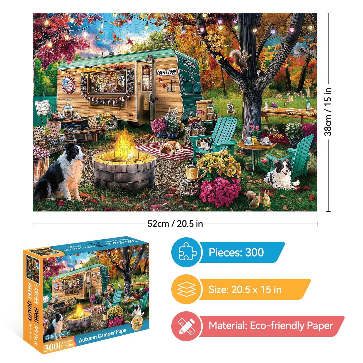 ZSYCZAO 300-Piece Puzzle for Adults – Autumn Camping Campfire Dogs (Large Piece) – 20.5 x 15 in