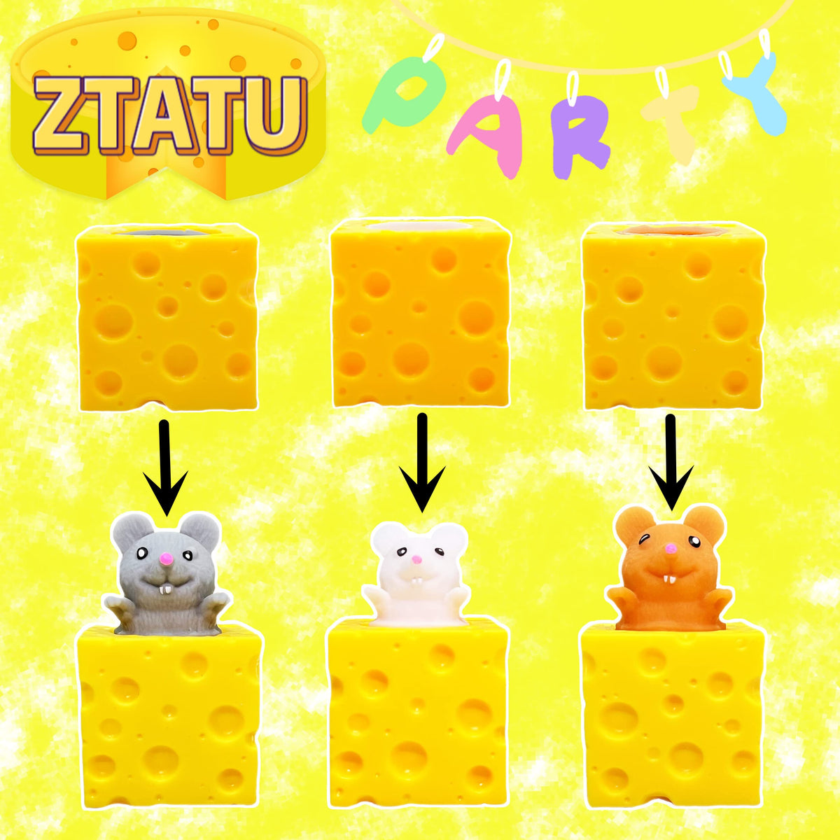 ZTATU Squishy Cheese Stress Balls – 3-Pack Mouse Fidget Toys for Kids & Adults