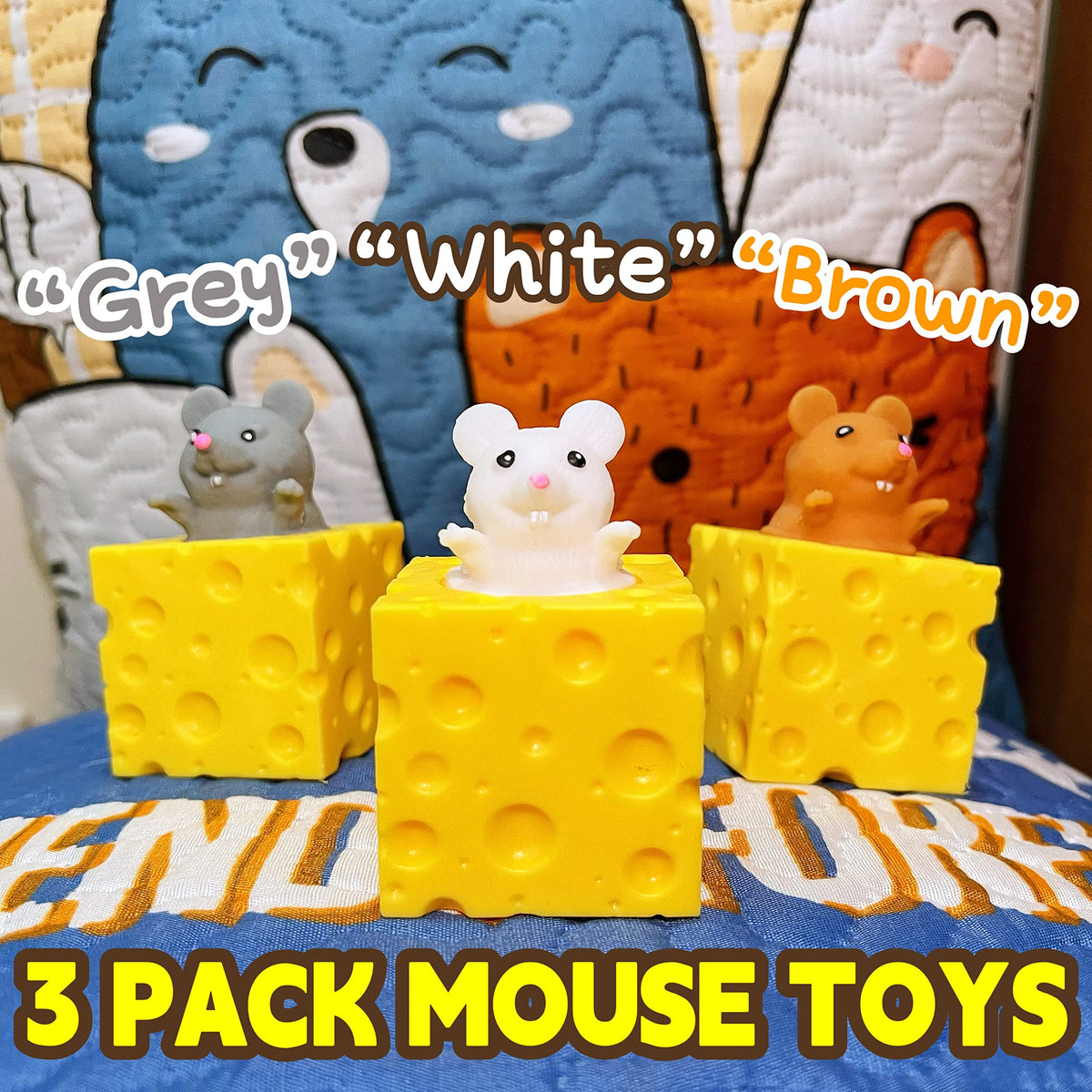 ZTATU Squishy Cheese Stress Balls – 3-Pack Mouse Fidget Toys for Kids & Adults